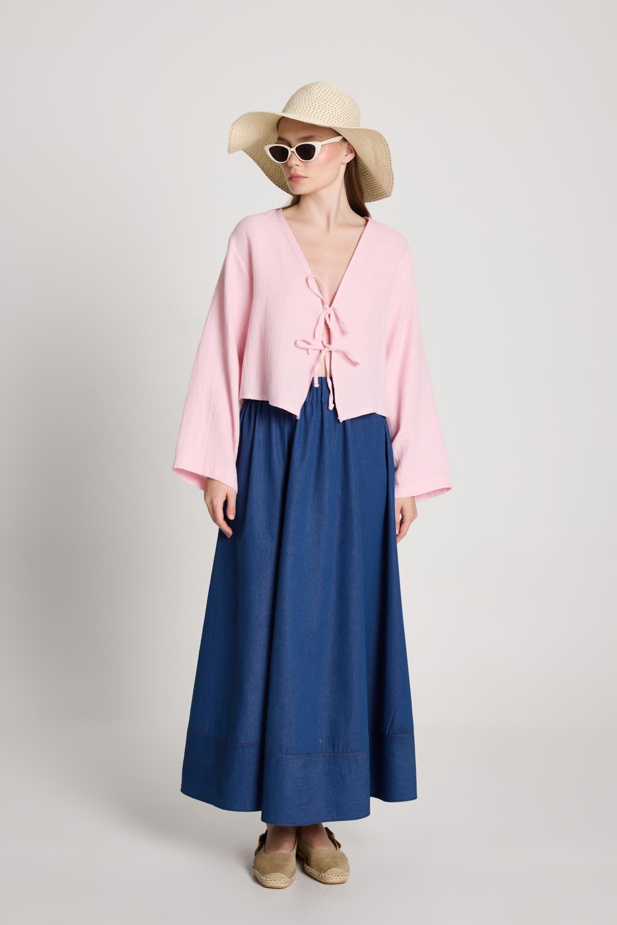 Toz Pembe Müslin Kumaş Önden Bağlamalı Bluz 27355