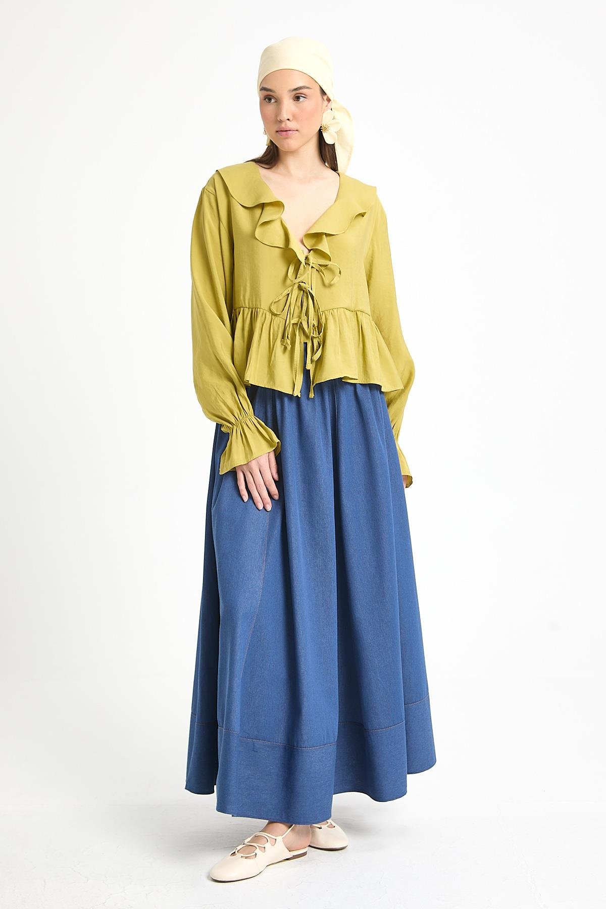 Yağ Yeşili %100 Modal Fırfır Detaylı Önden Bağlamalı Bluz 29255