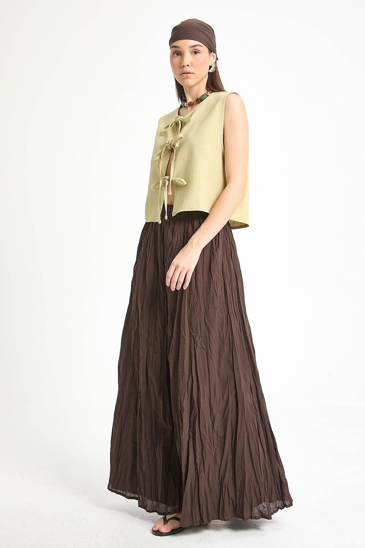 Yağ Yeşili Bağcıklı Kısa %100 Pamuk Yelek 29204