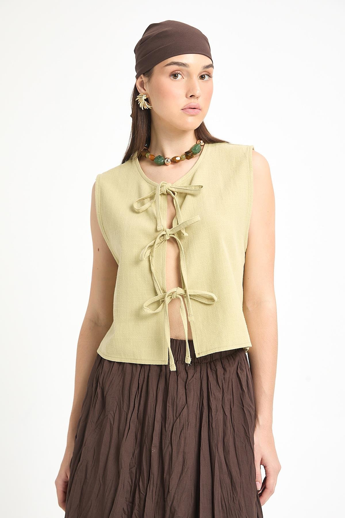 Yağ Yeşili Bağcıklı Kısa %100 Pamuk Yelek 29204