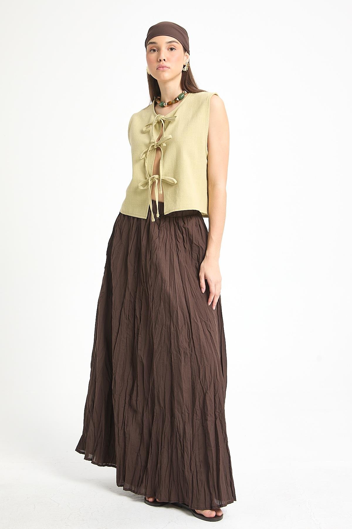 Yağ Yeşili Bağcıklı Kısa %100 Pamuk Yelek 29204