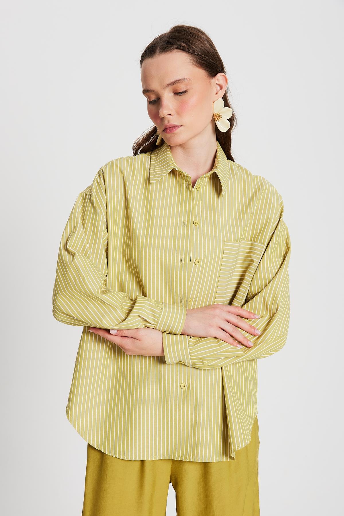 Yağ Yeşili Beyaz Çizgili Oversize Cepli Gömlek 27135