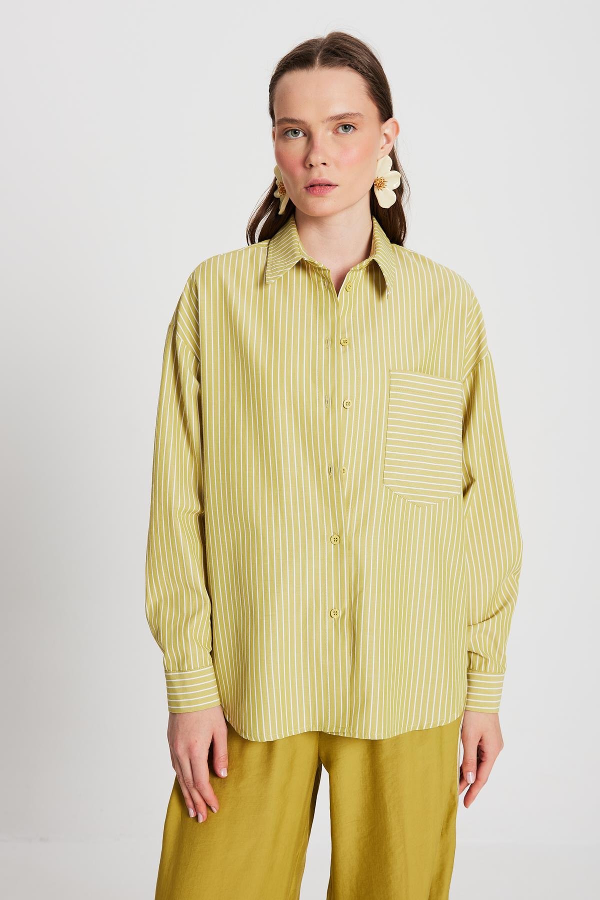 Yağ Yeşili Beyaz Çizgili Oversize Cepli Gömlek 27135