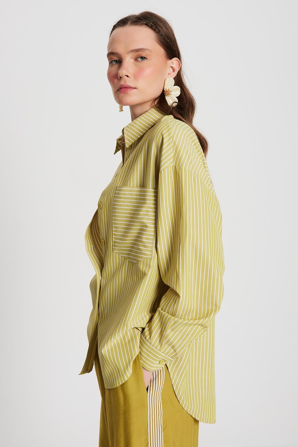 Yağ Yeşili Beyaz Çizgili Oversize Cepli Gömlek 27135