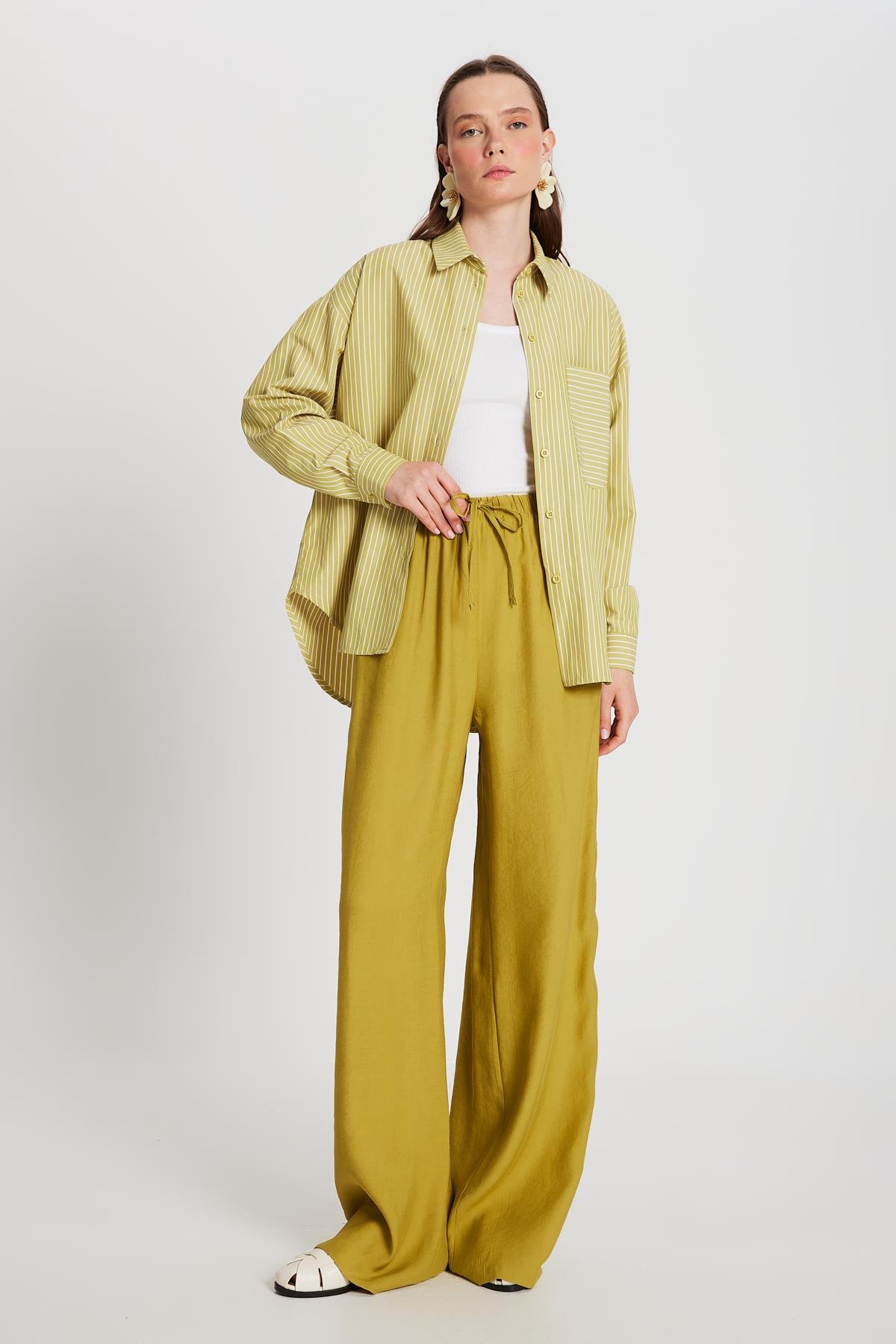 Yağ Yeşili Beyaz Çizgili Oversize Cepli Gömlek 27135