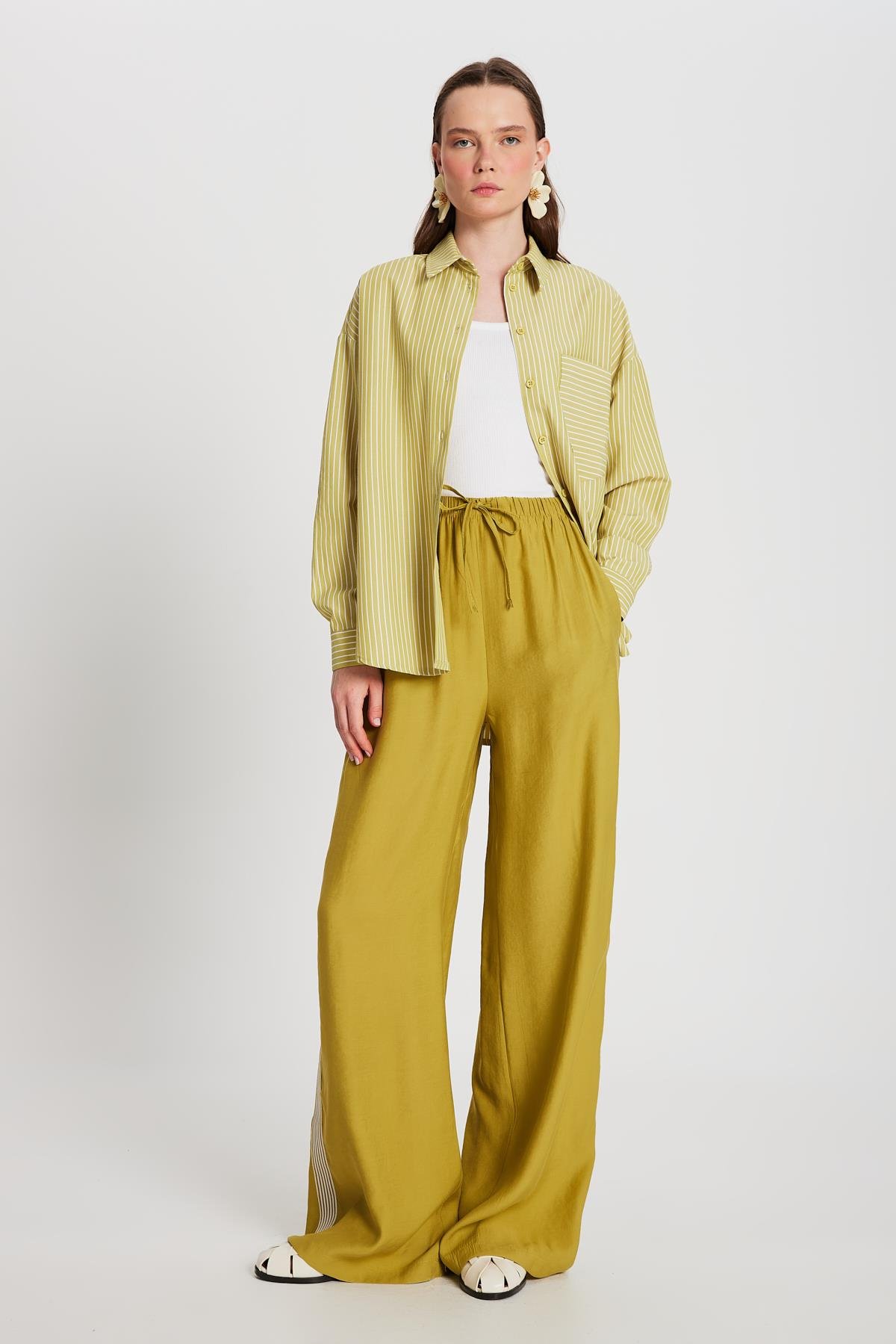 Yağ Yeşili Beyaz Çizgili Oversize Cepli Gömlek 27135