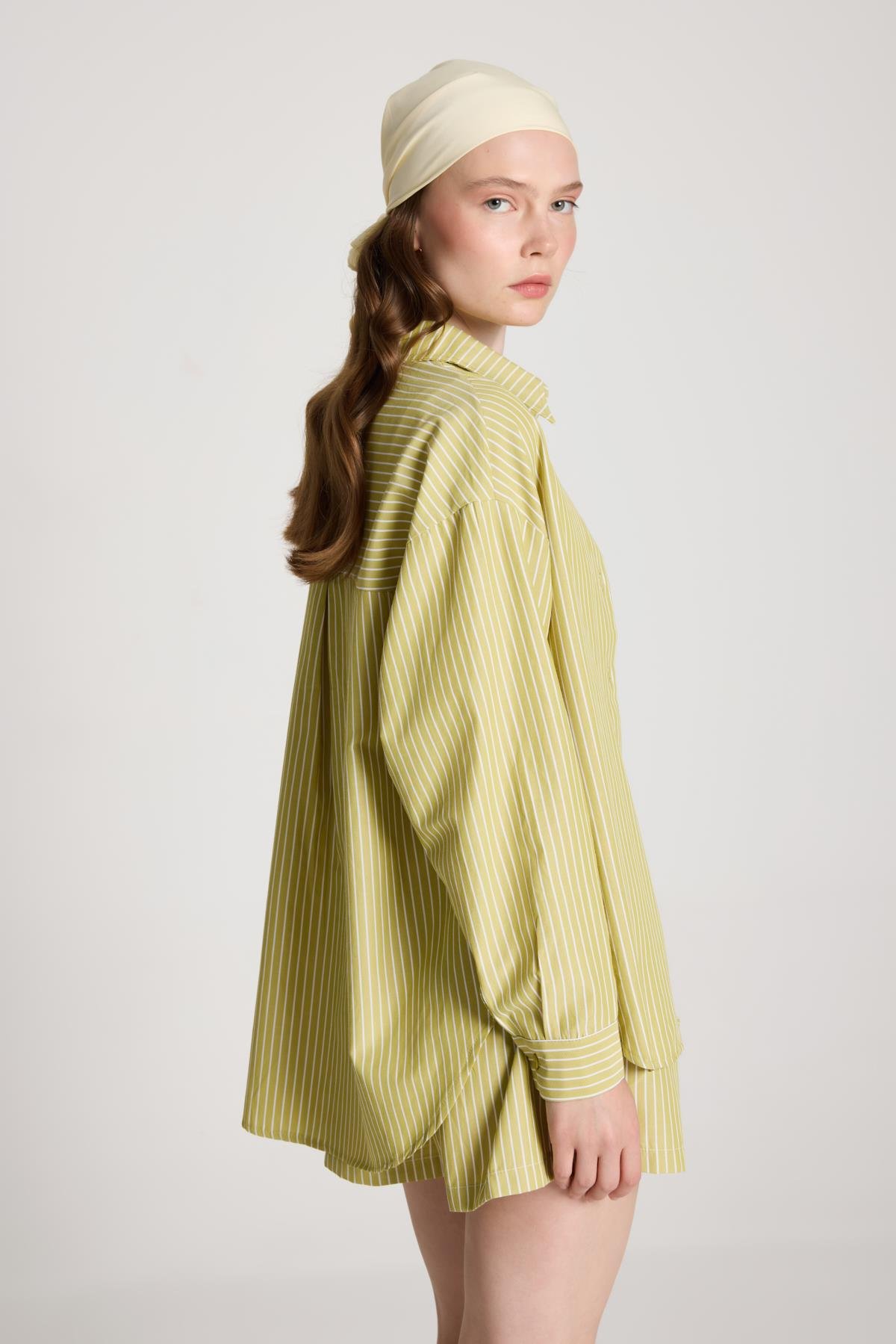 Yağ Yeşili Beyaz Çizgili Oversize Gömlek/şort Alt-üst Takım 27381