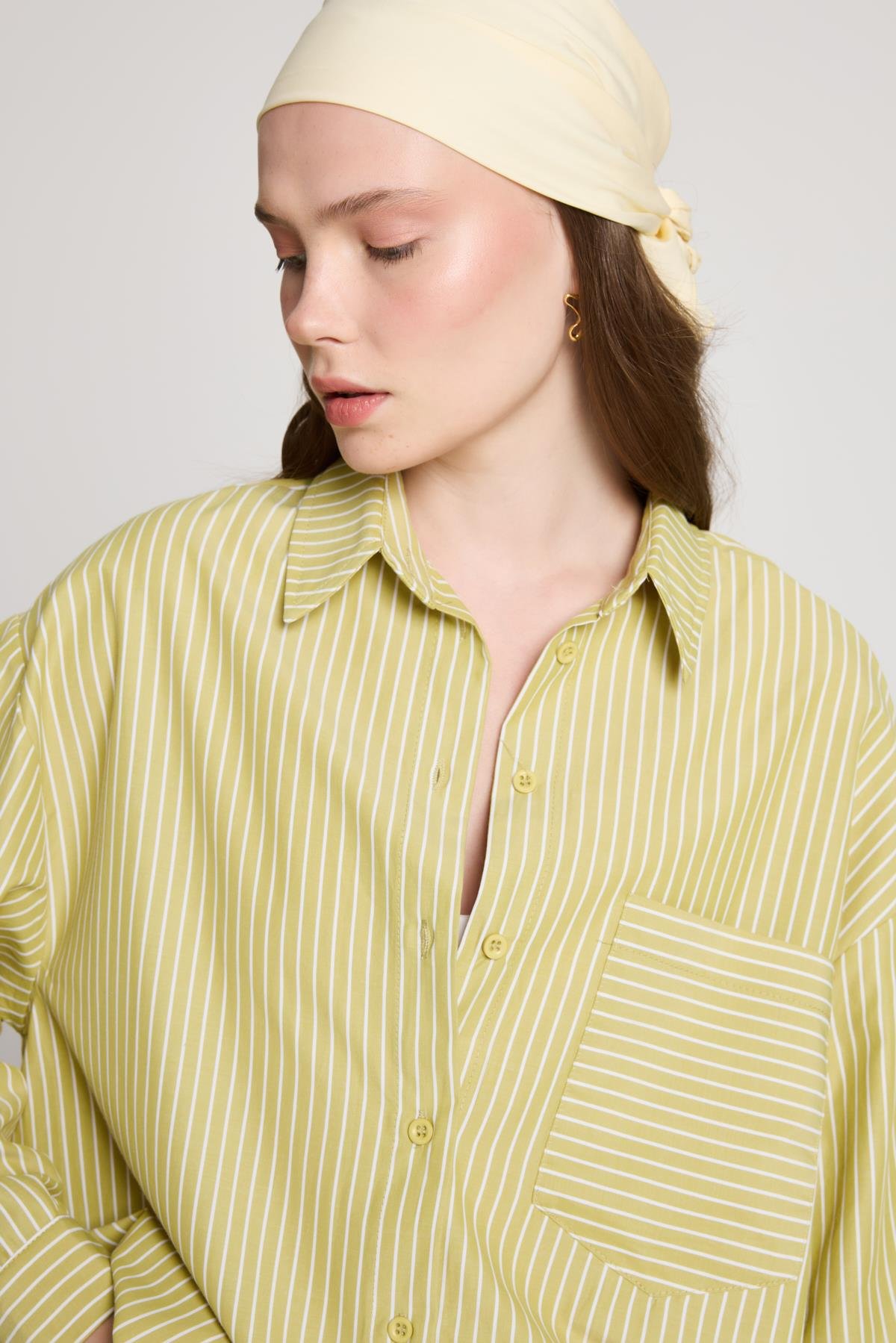 Yağ Yeşili Beyaz Çizgili Oversize Gömlek/şort Alt-üst Takım 27381