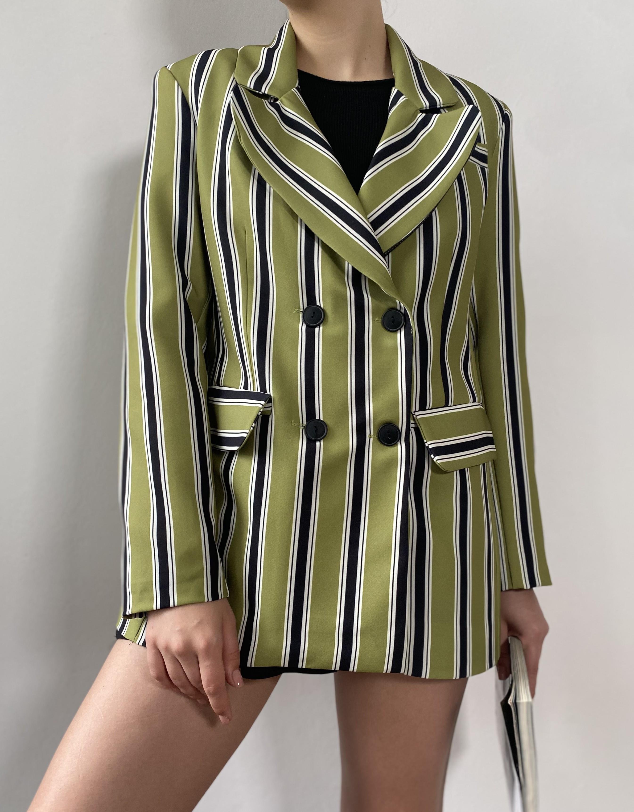 Yağ Yeşili Çizgili Kruvaze Kapama Blazer Ceket 26140