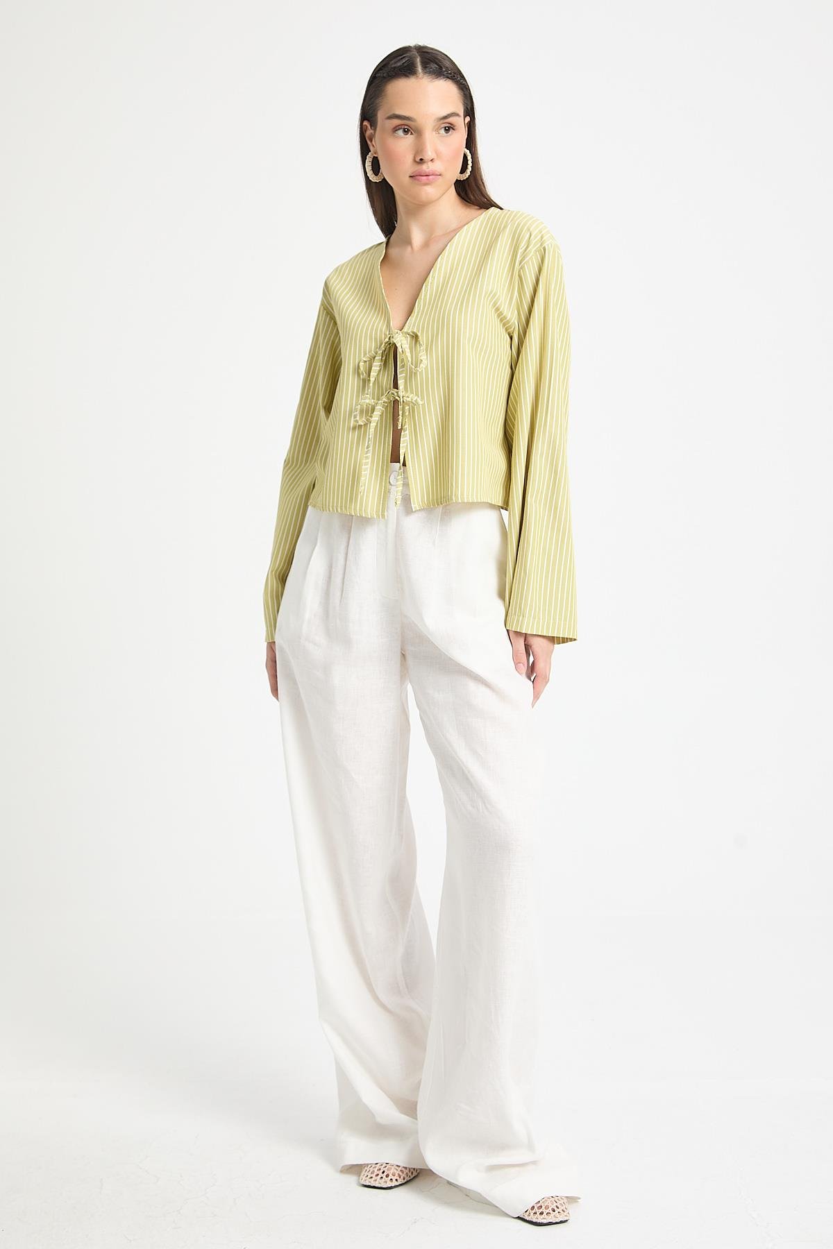 Yağ Yeşili Çizgili Poplin Kumaş Önden Bağlamalı Bluz 29276