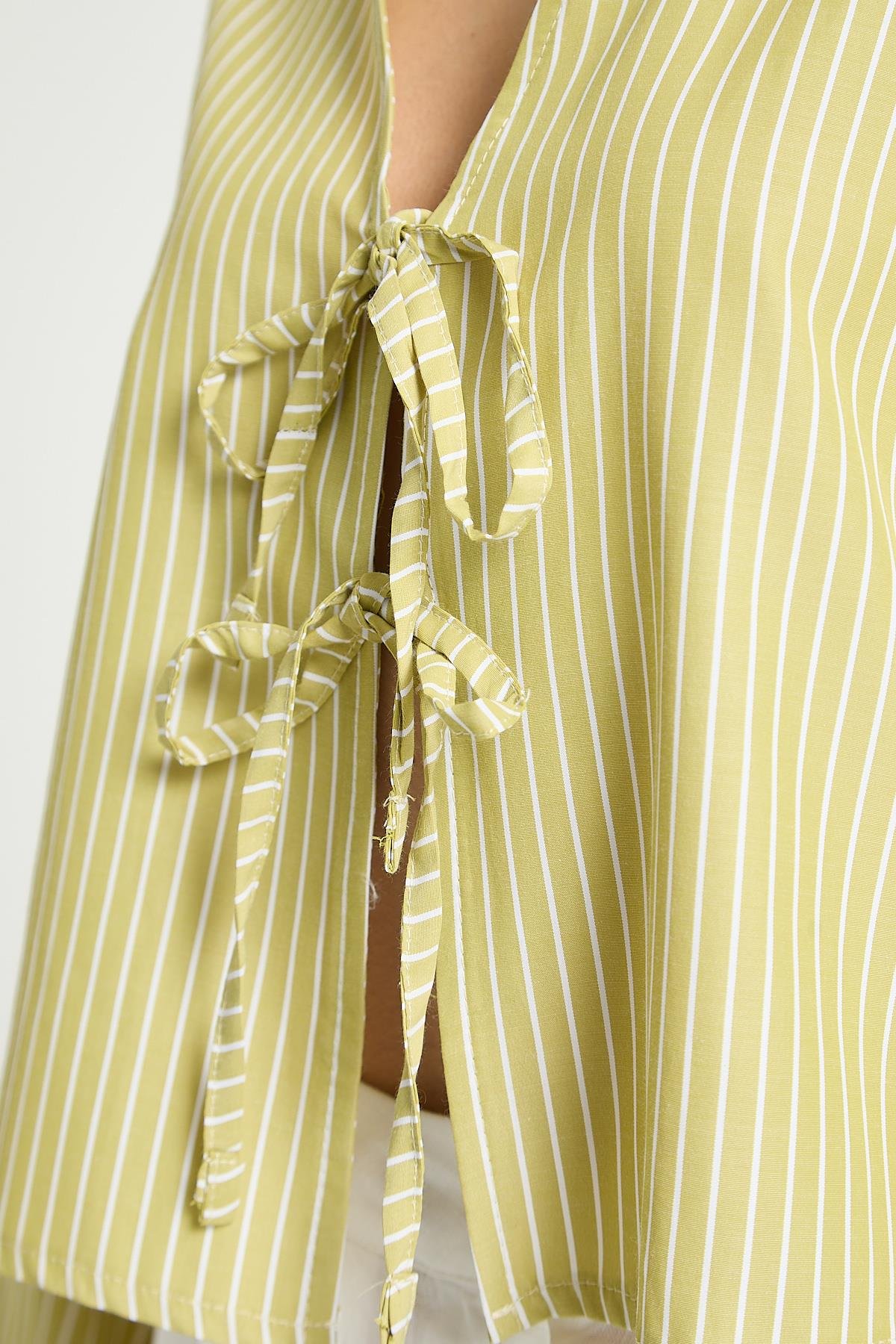 Yağ Yeşili Çizgili Poplin Kumaş Önden Bağlamalı Bluz 29276