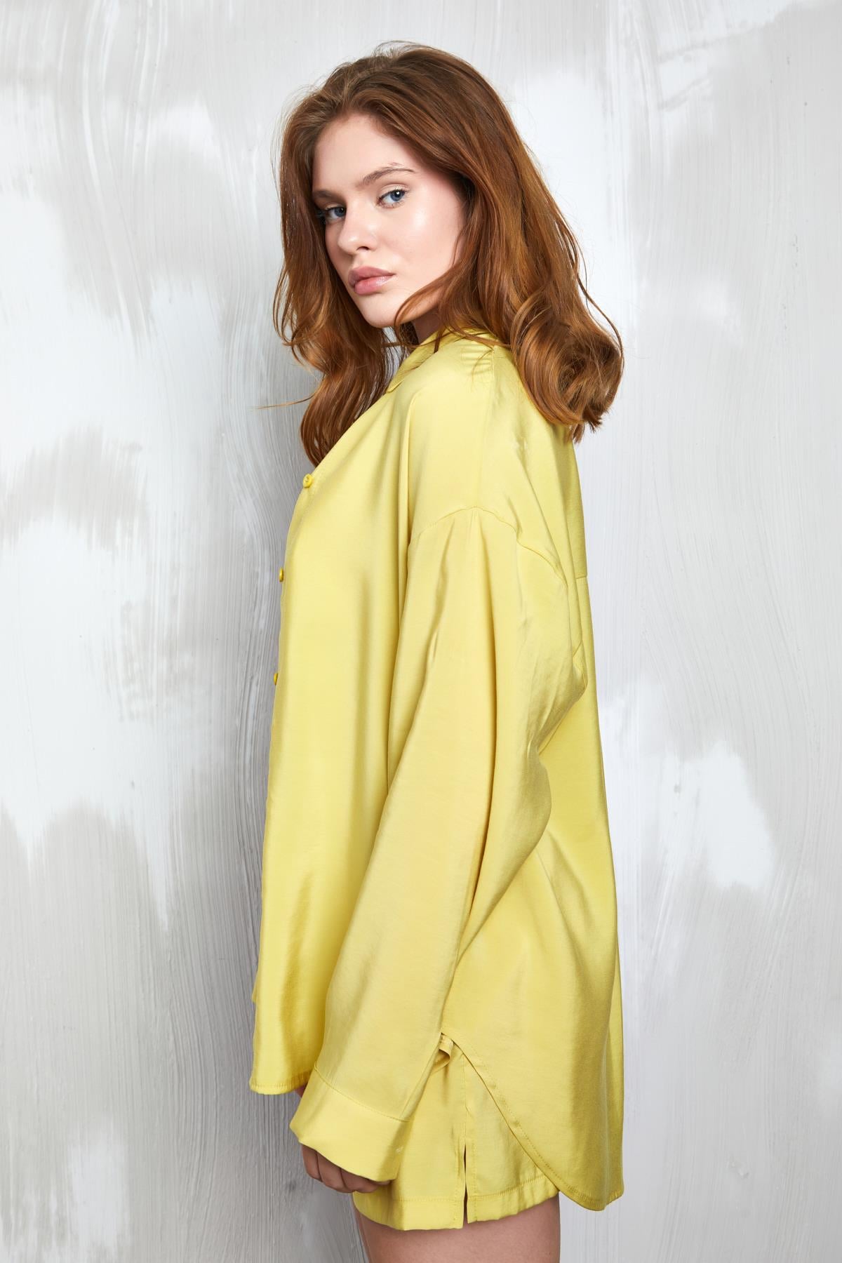 Yağ Yeşili Modal Kumaş Oversize Gömlek/Şort Alt-Üst Takım 27376