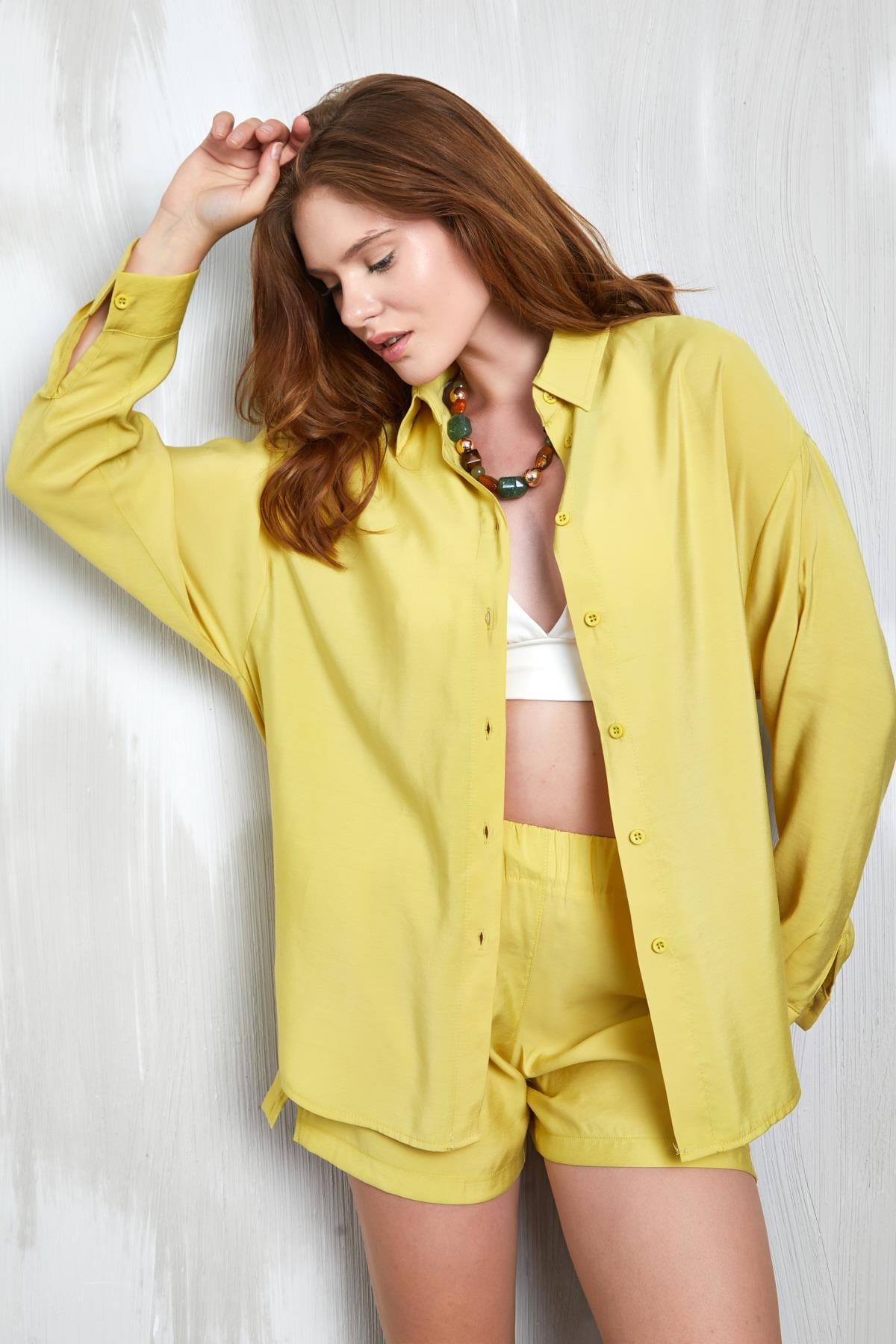 Yağ Yeşili Modal Kumaş Oversize Gömlek/Şort Alt-Üst Takım 27376
