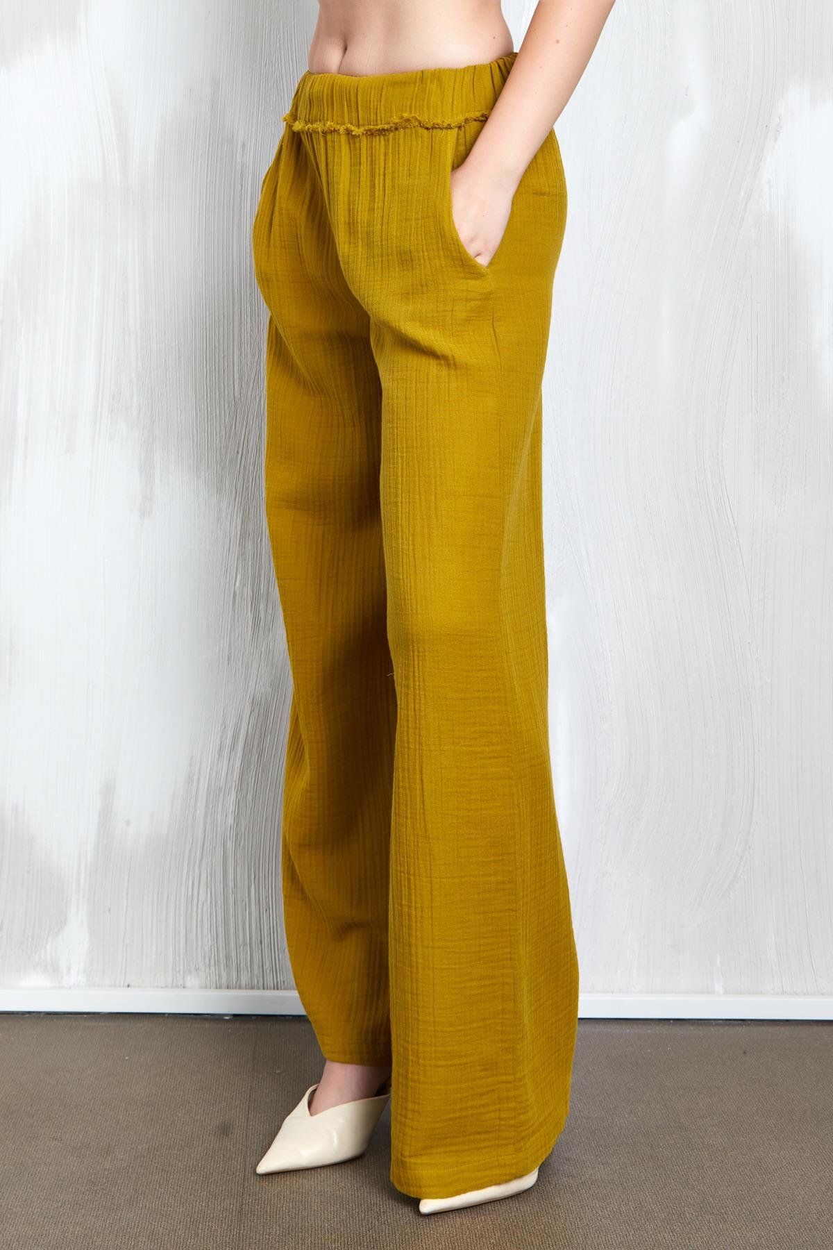 Yağ Yeşili Müslin Kumaş Beli Lastikli Bol Kesim Pantolon 27352