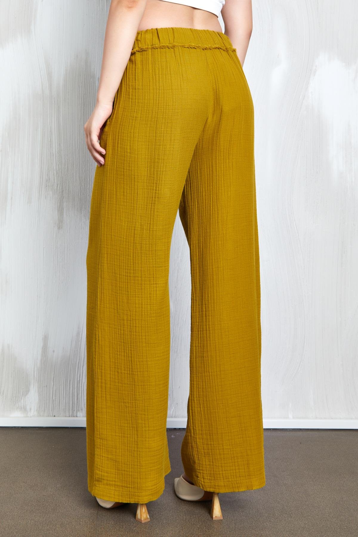 Yağ Yeşili Müslin Kumaş Beli Lastikli Bol Kesim Pantolon 27352