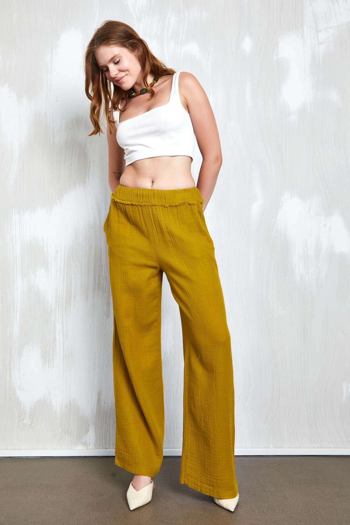 Yağ Yeşili Müslin Kumaş Beli Lastikli Bol Kesim Pantolon 27352