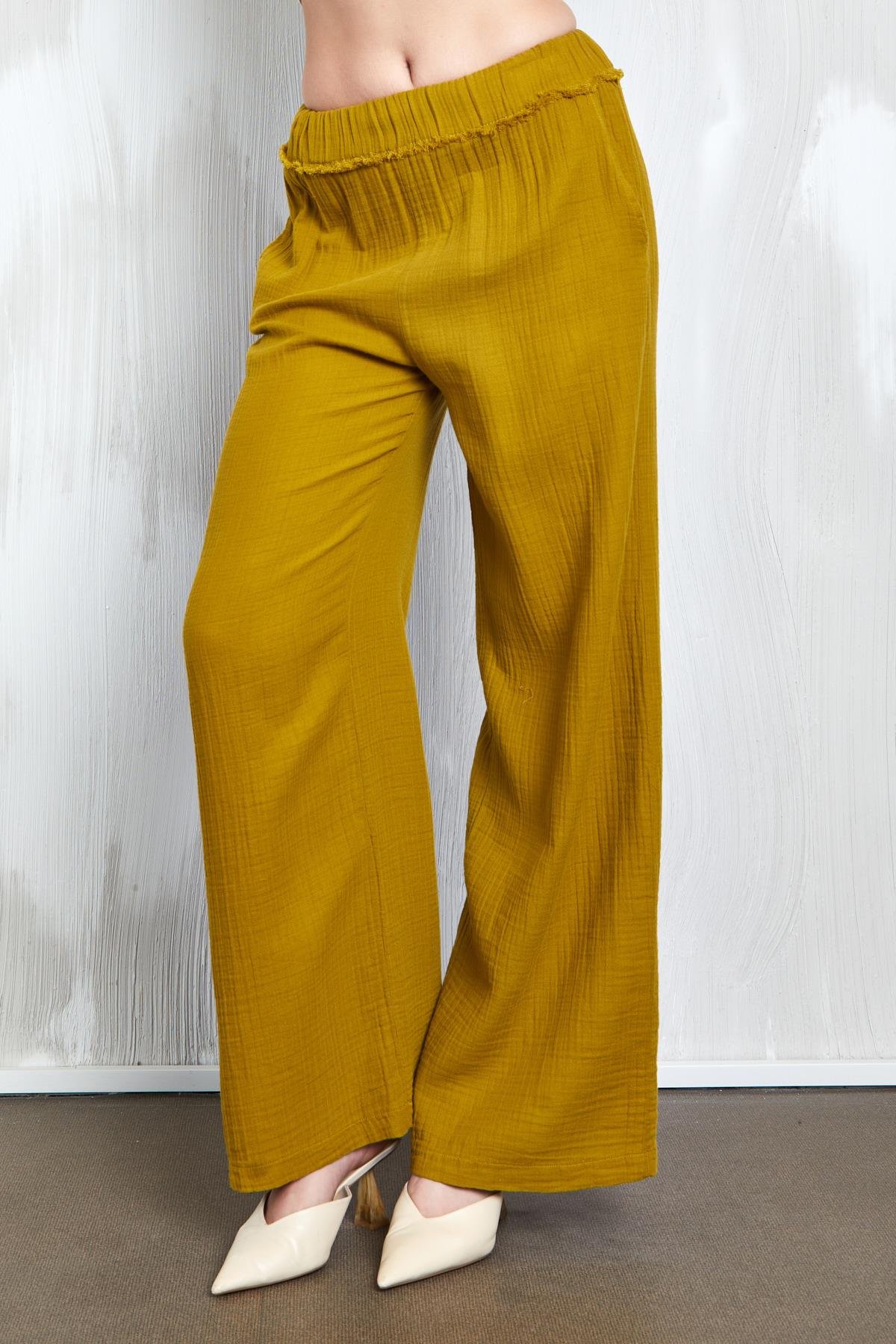 Yağ Yeşili Müslin Kumaş Beli Lastikli Bol Kesim Pantolon 27352