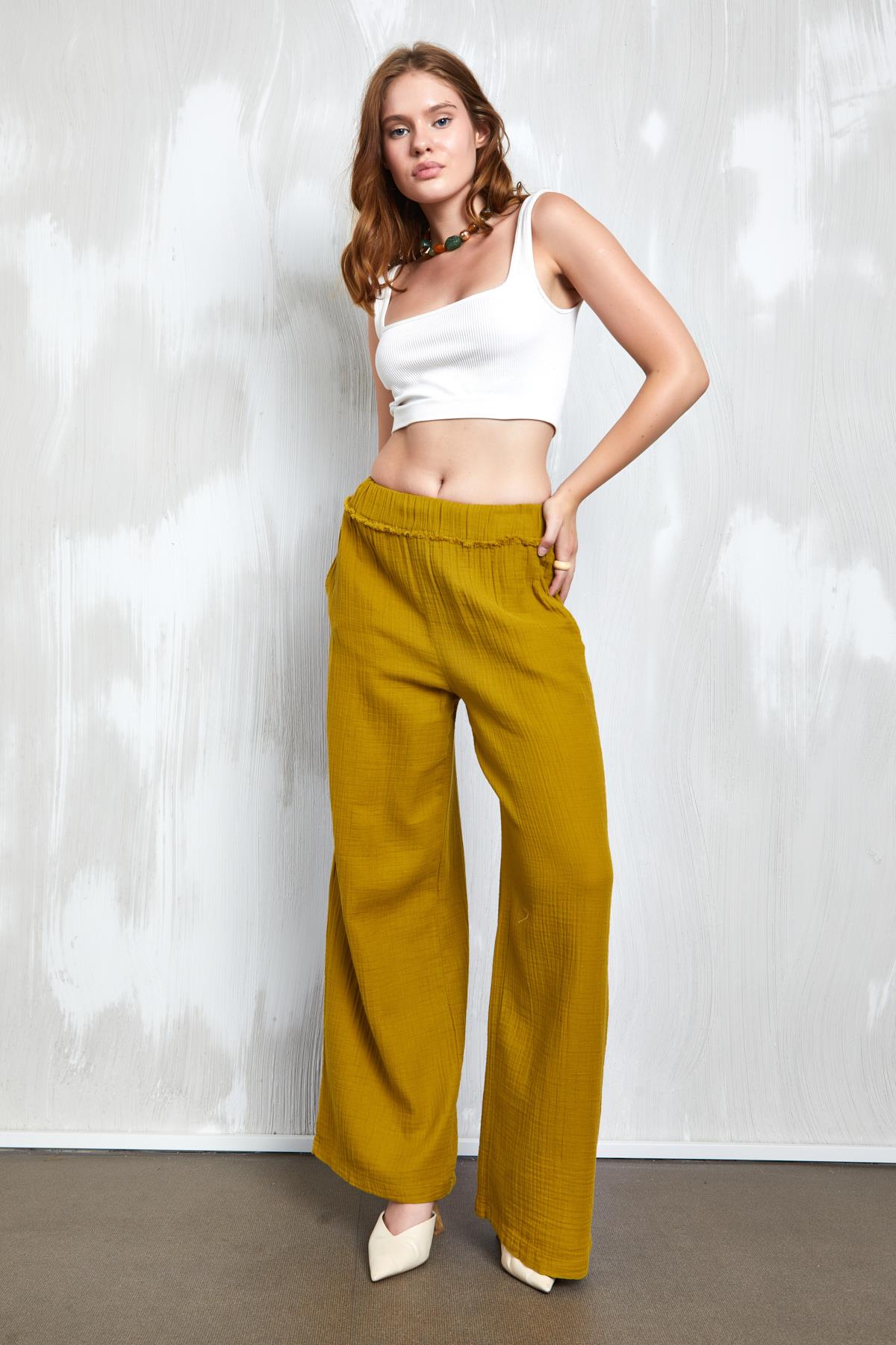 Yağ Yeşili Müslin Kumaş Beli Lastikli Bol Kesim Pantolon 27352