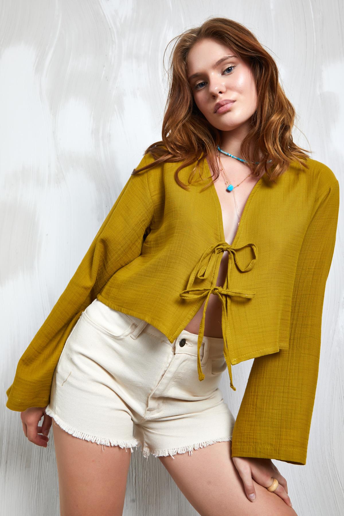 Yağ Yeşili Müslin Kumaş Önden Bağlamalı Bluz 27355