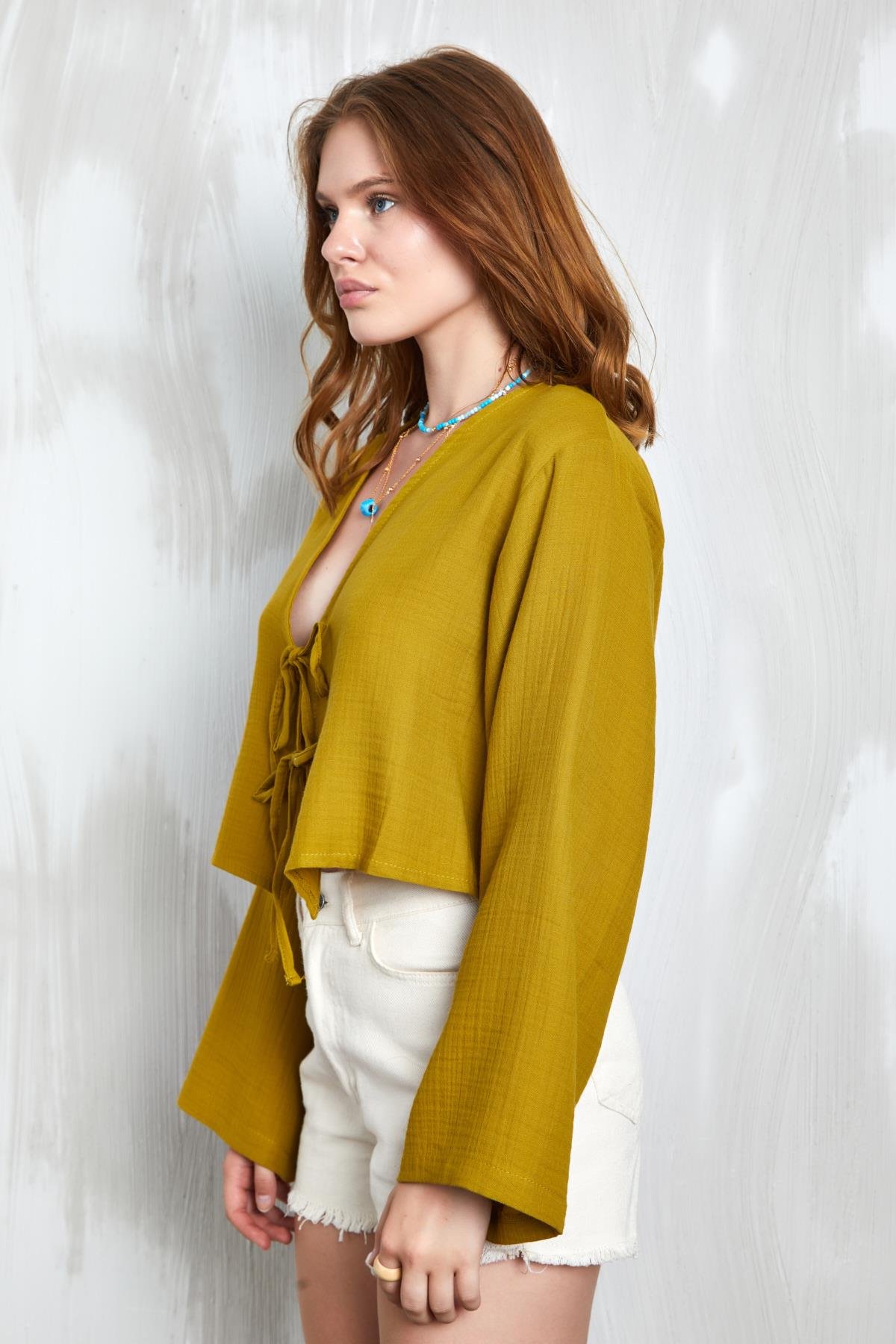 Yağ Yeşili Müslin Kumaş Önden Bağlamalı Bluz 27355