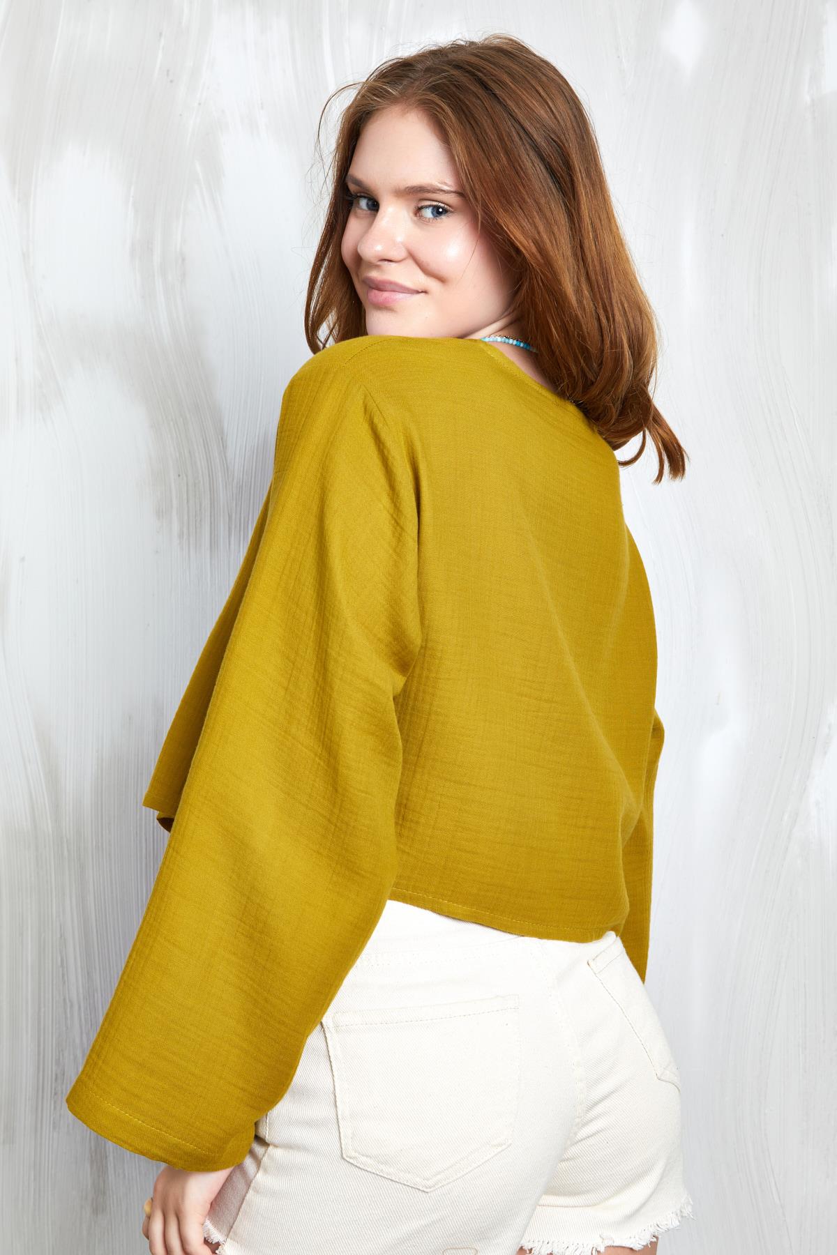 Yağ Yeşili Müslin Kumaş Önden Bağlamalı Bluz 27355