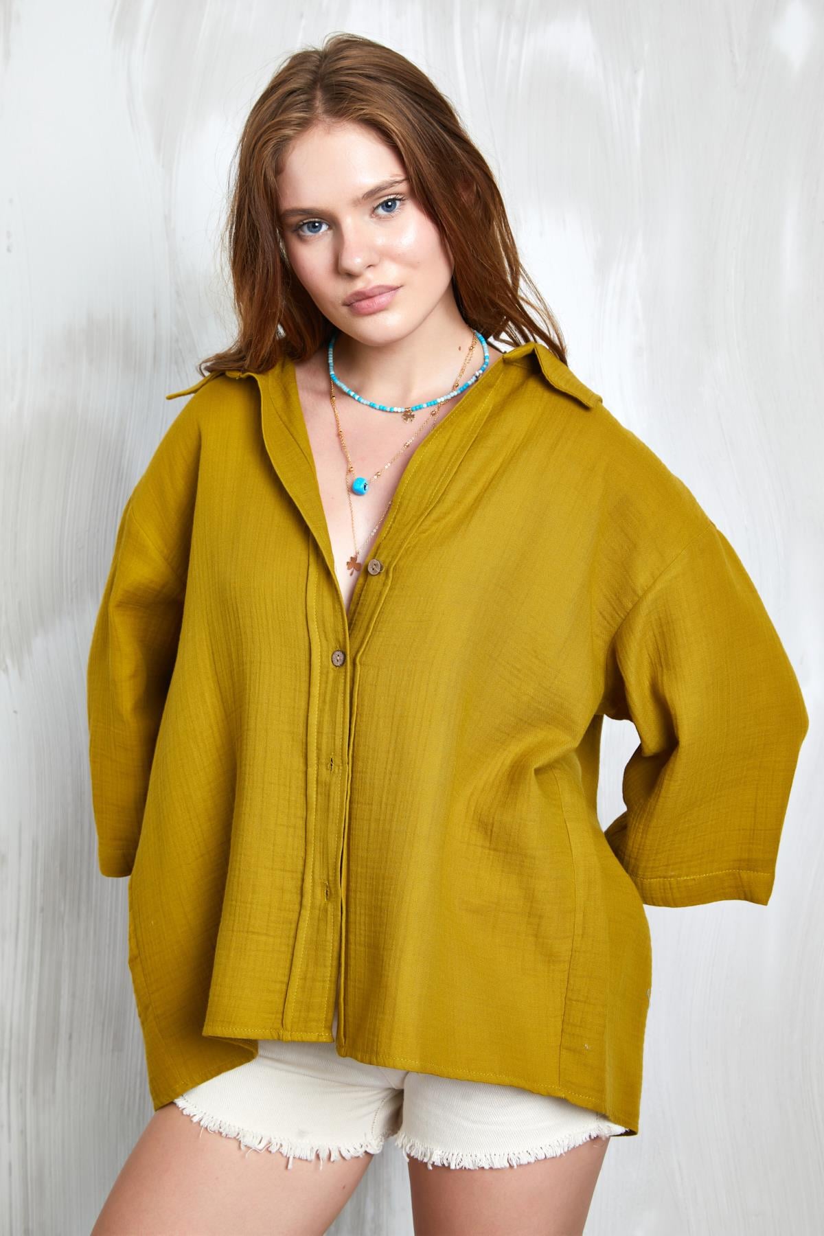 Yağ Yeşili Müslin Kumaş Oversize Fakir Kol Gömlek 27349