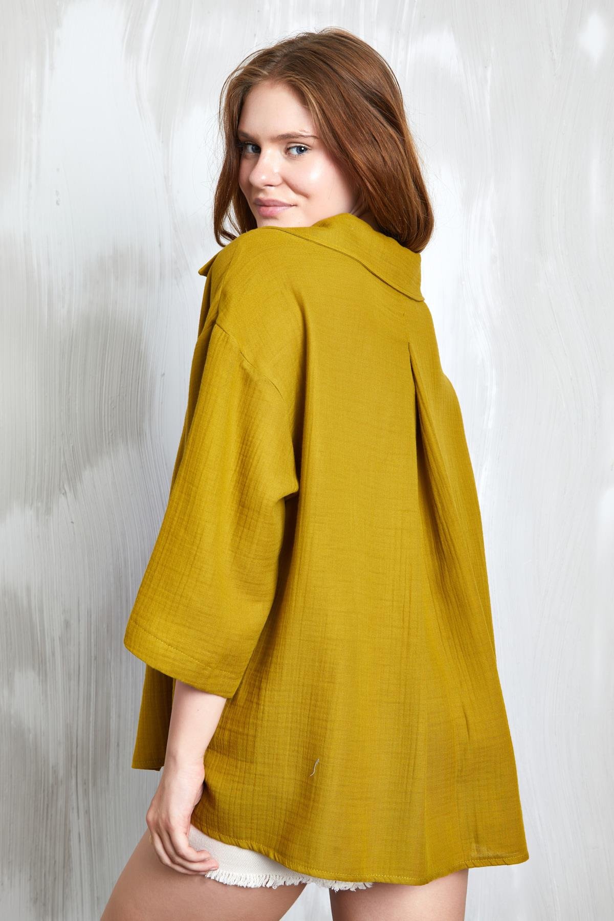 Yağ Yeşili Müslin Kumaş Oversize Fakir Kol Gömlek 27349