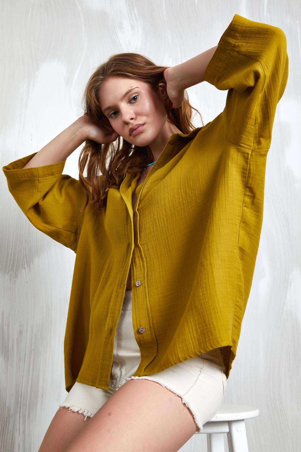 Yağ Yeşili Müslin Kumaş Oversize Fakir Kol Gömlek 27349