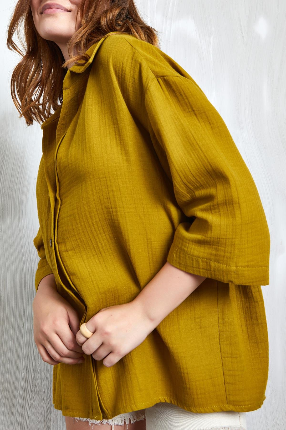 Yağ Yeşili Müslin Kumaş Oversize Fakir Kol Gömlek 27349