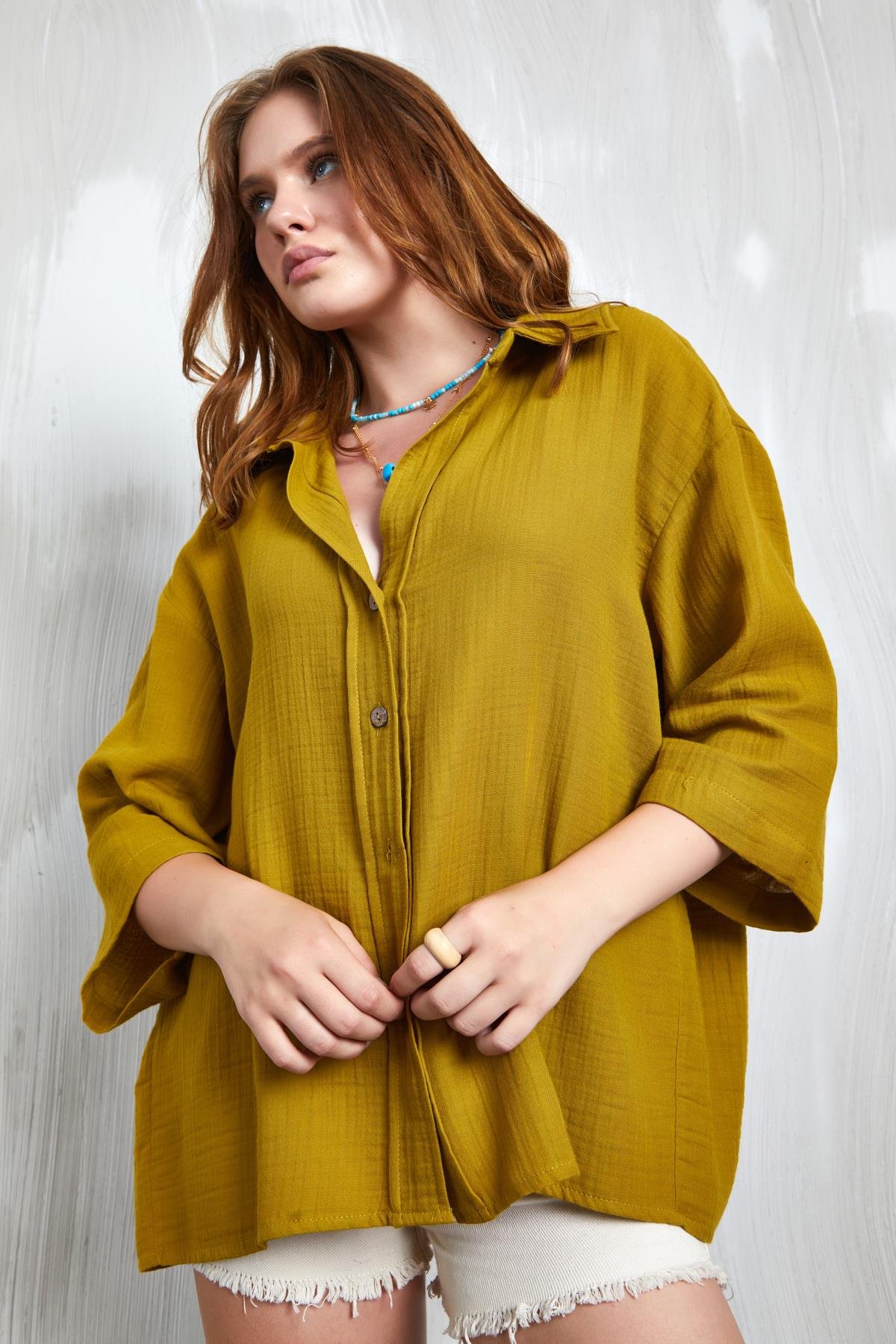 Yağ Yeşili Müslin Kumaş Oversize Fakir Kol Gömlek 27349