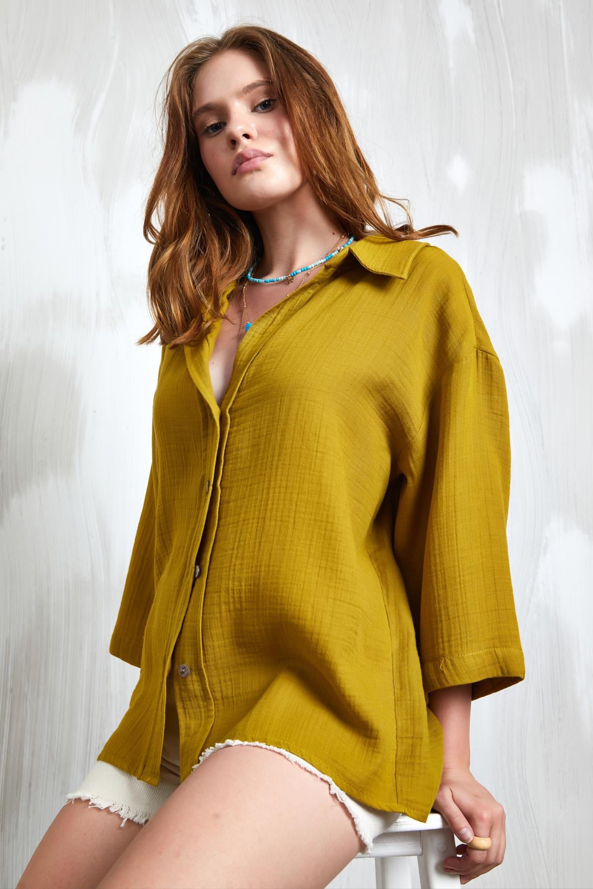 Yağ Yeşili Müslin Kumaş Oversize Fakir Kol Gömlek 27349