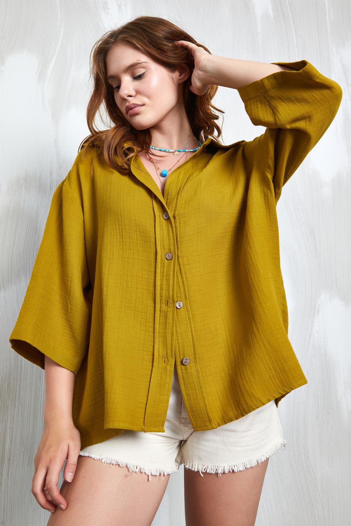 Yağ Yeşili Müslin Kumaş Oversize Fakir Kol Gömlek 27349