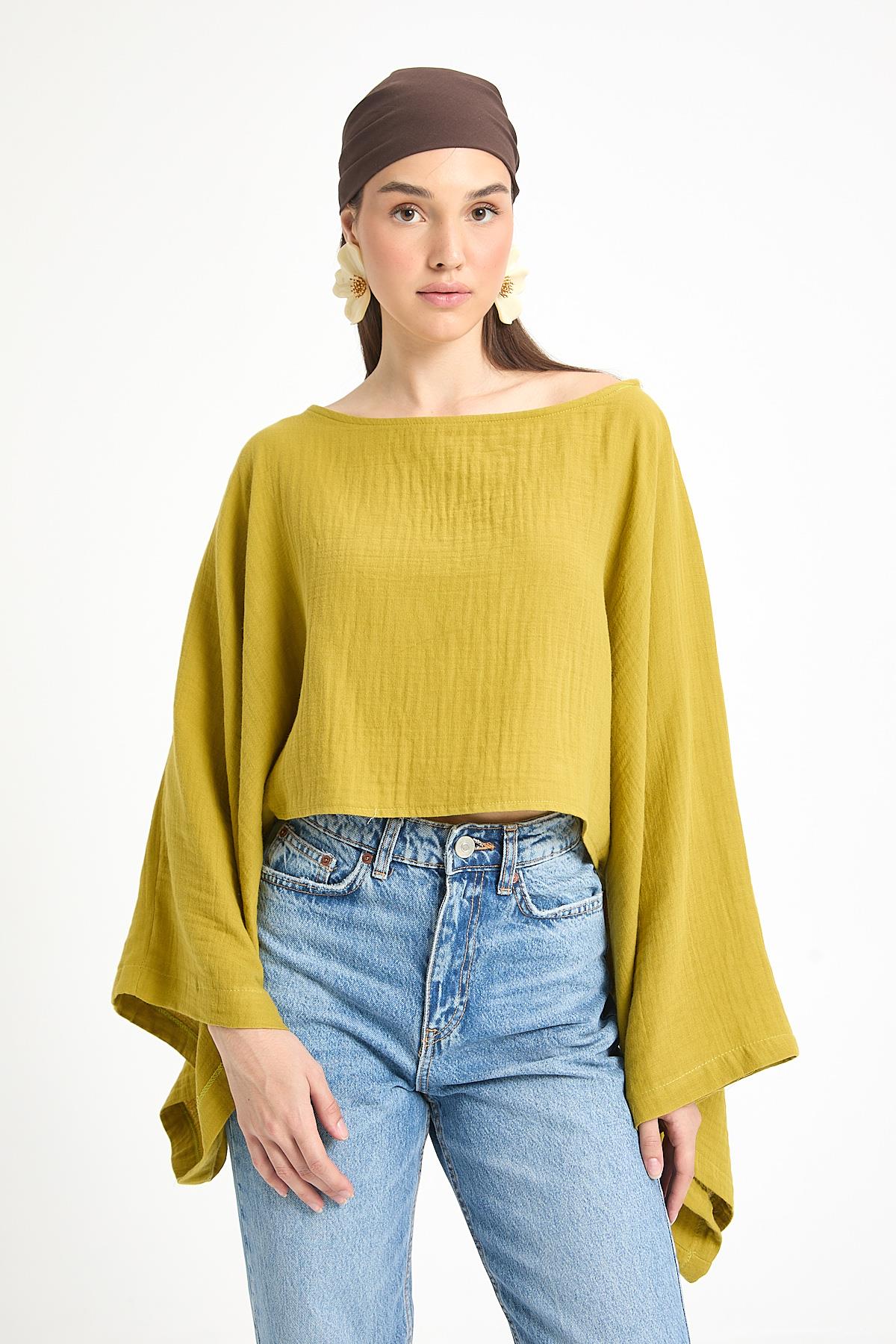 Yağ Yeşili Oversize Kesim Müslin Bluz 29230