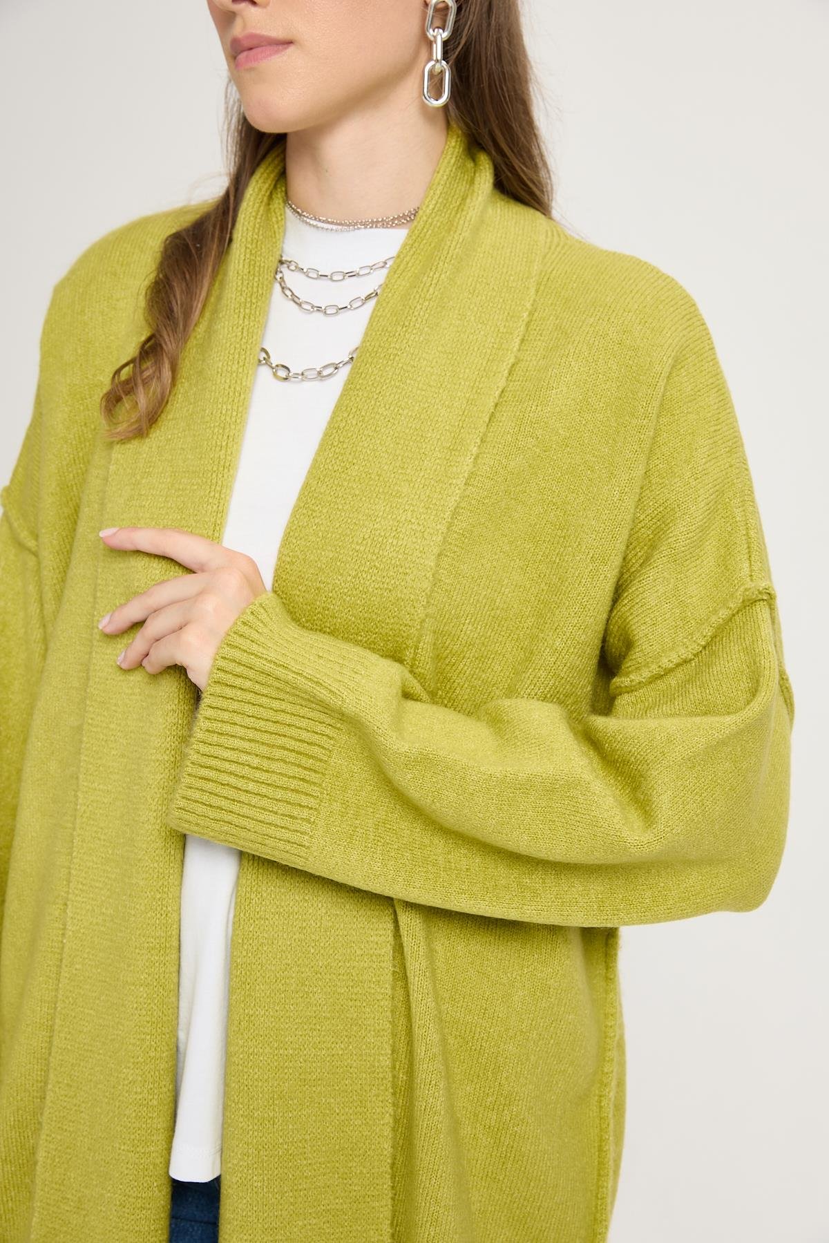 Yağ Yeşili Pis Dikiş Detaylı Uzun Oversize Yumoş Triko Hırka 26257