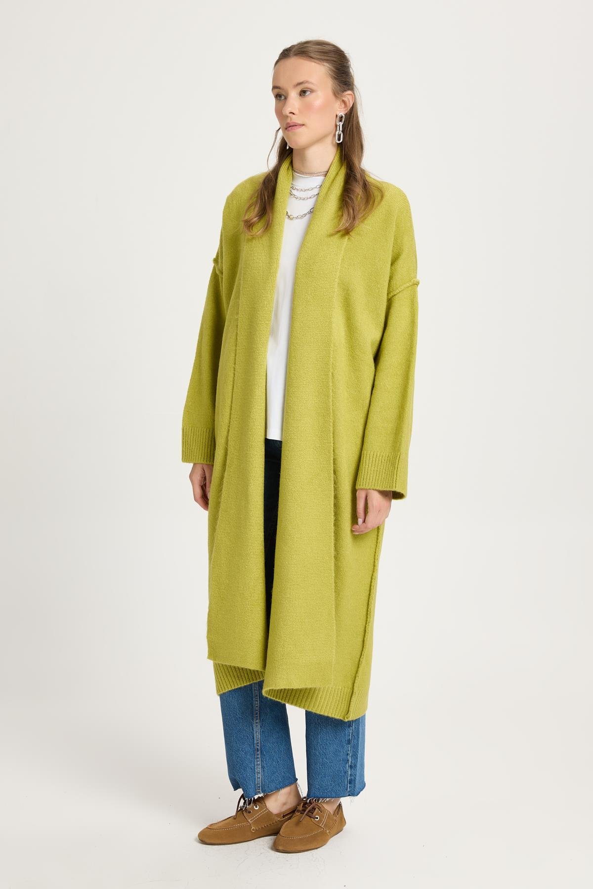 Yağ Yeşili Pis Dikiş Detaylı Uzun Oversize Yumoş Triko Hırka 26257