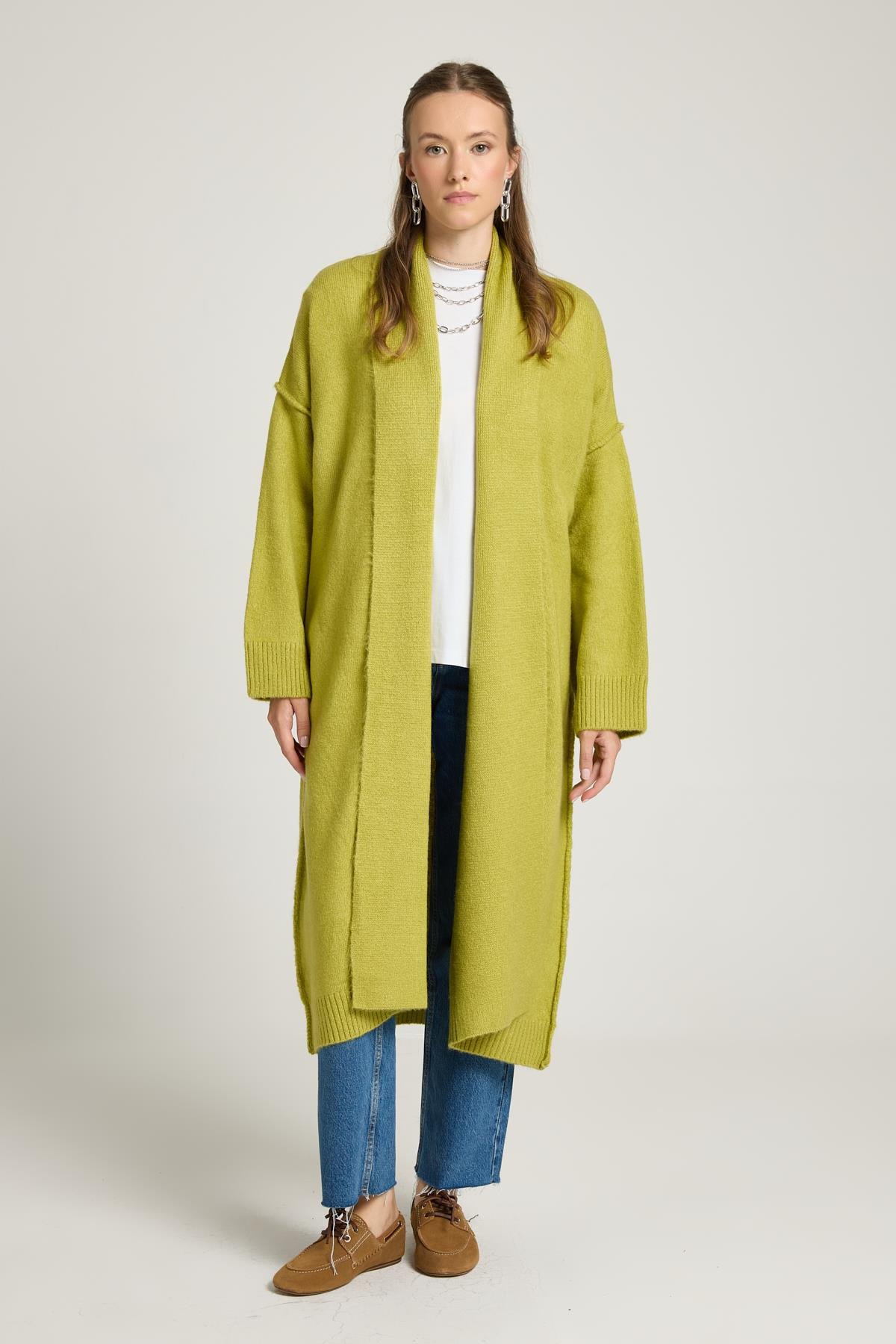 Yağ Yeşili Pis Dikiş Detaylı Uzun Oversize Yumoş Triko Hırka 26257