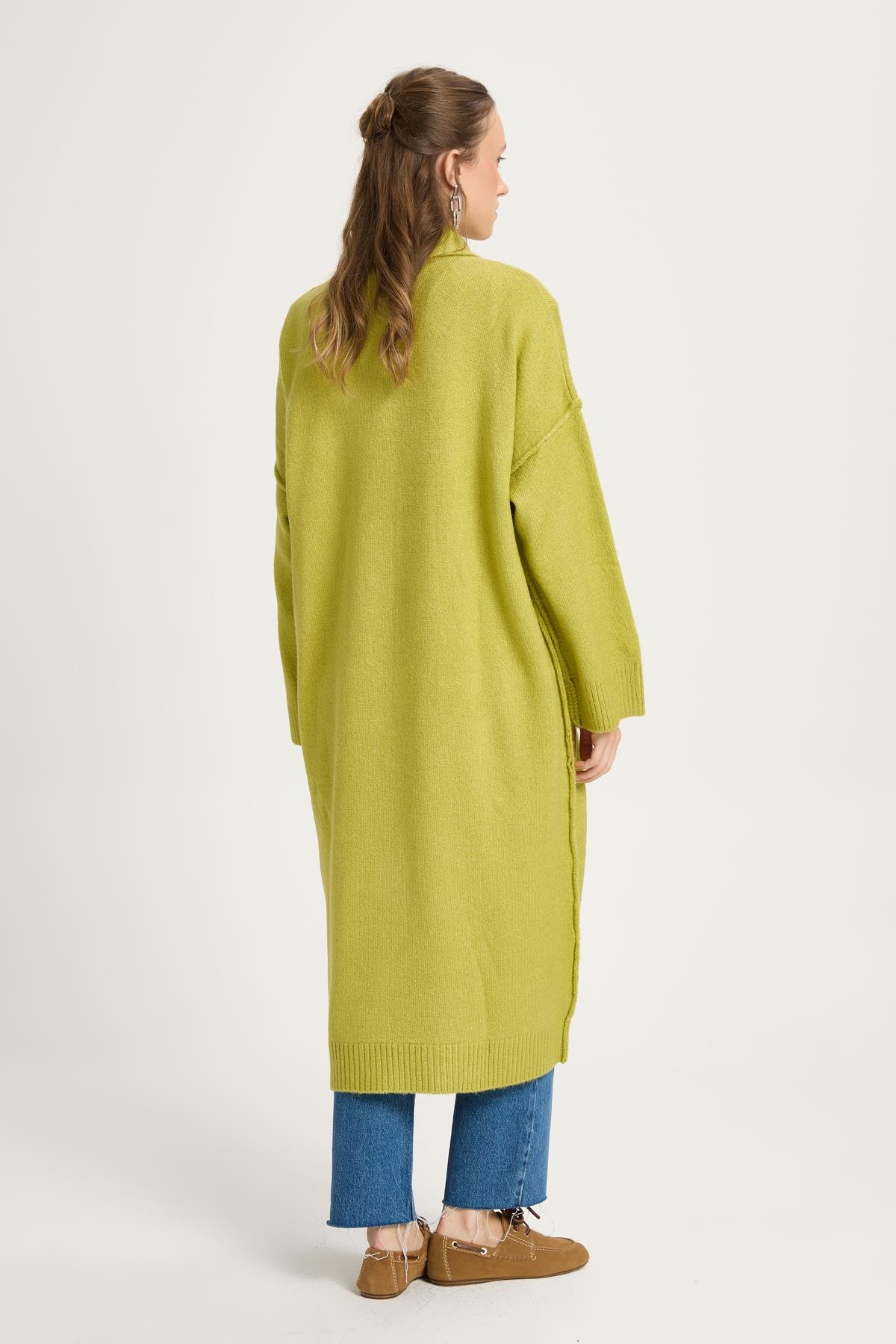 Yağ Yeşili Pis Dikiş Detaylı Uzun Oversize Yumoş Triko Hırka 26257