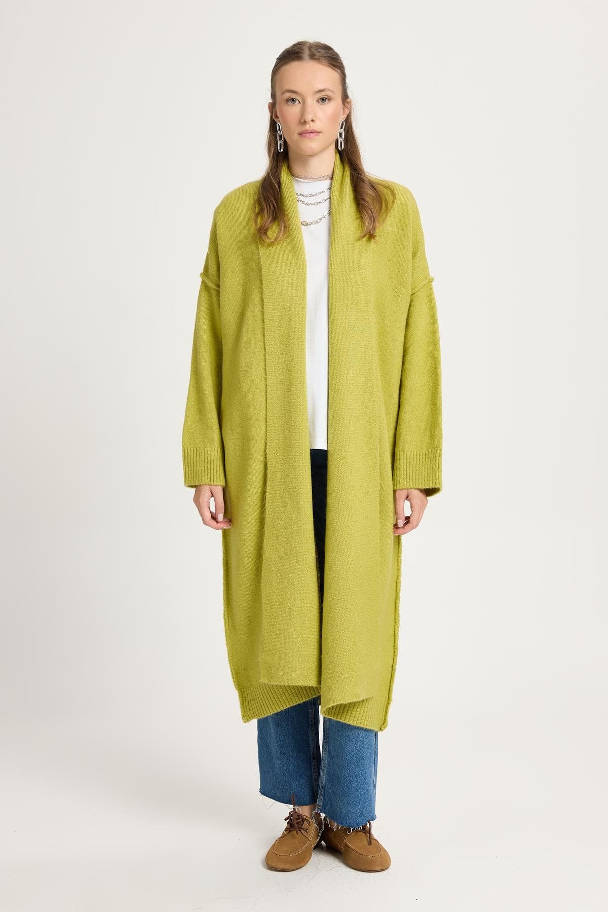 Yağ Yeşili Pis Dikiş Detaylı Uzun Oversize Yumoş Triko Hırka 26257