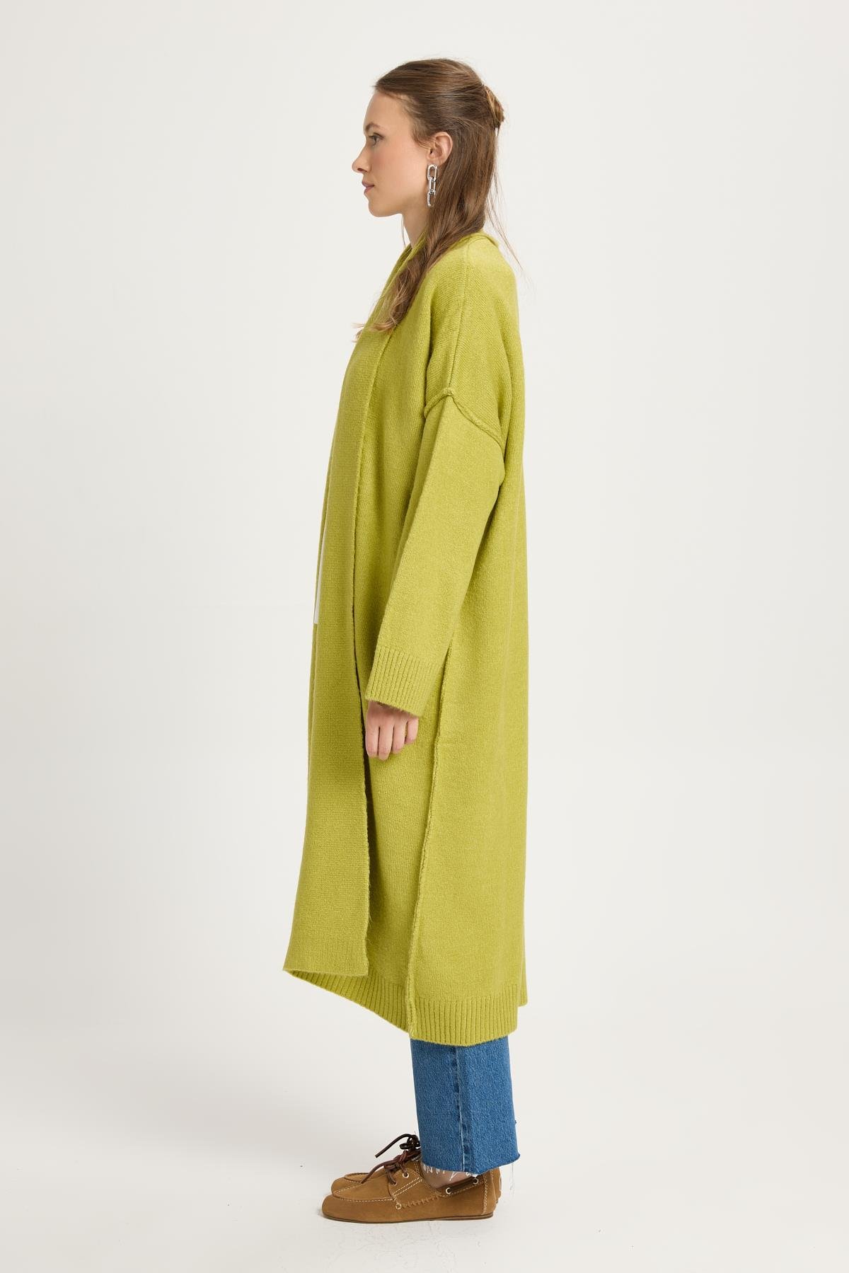 Yağ Yeşili Pis Dikiş Detaylı Uzun Oversize Yumoş Triko Hırka 26257