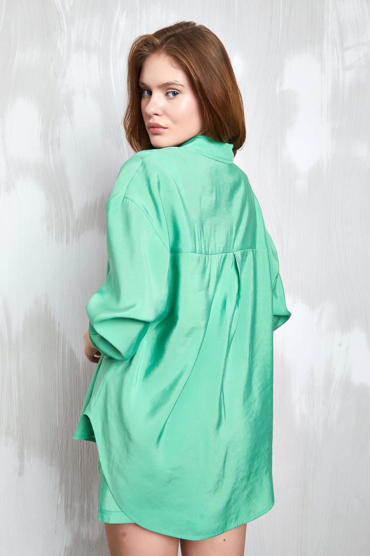 Yeşil Modal Kumaş Oversize Gömlek/Şort Alt-Üst Takım 27376