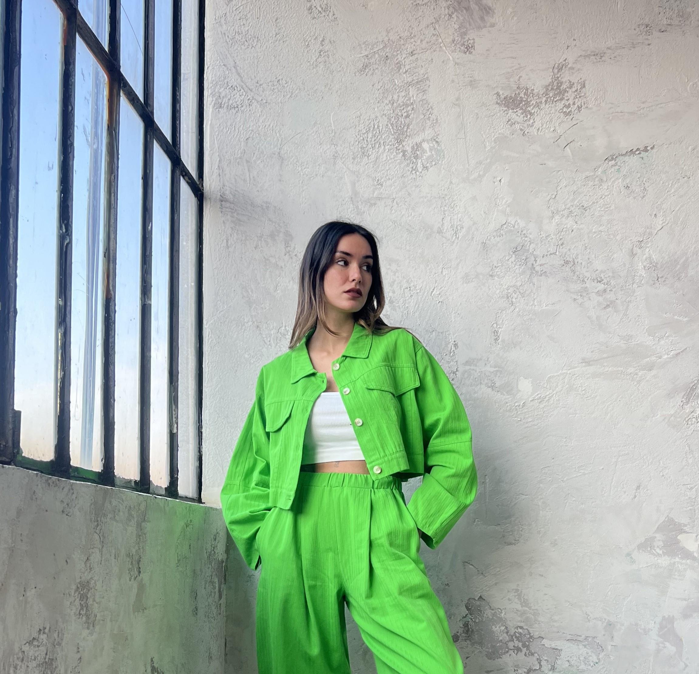 Yeşil Pamuk Gabardin Kısa Overize Ceket 25171