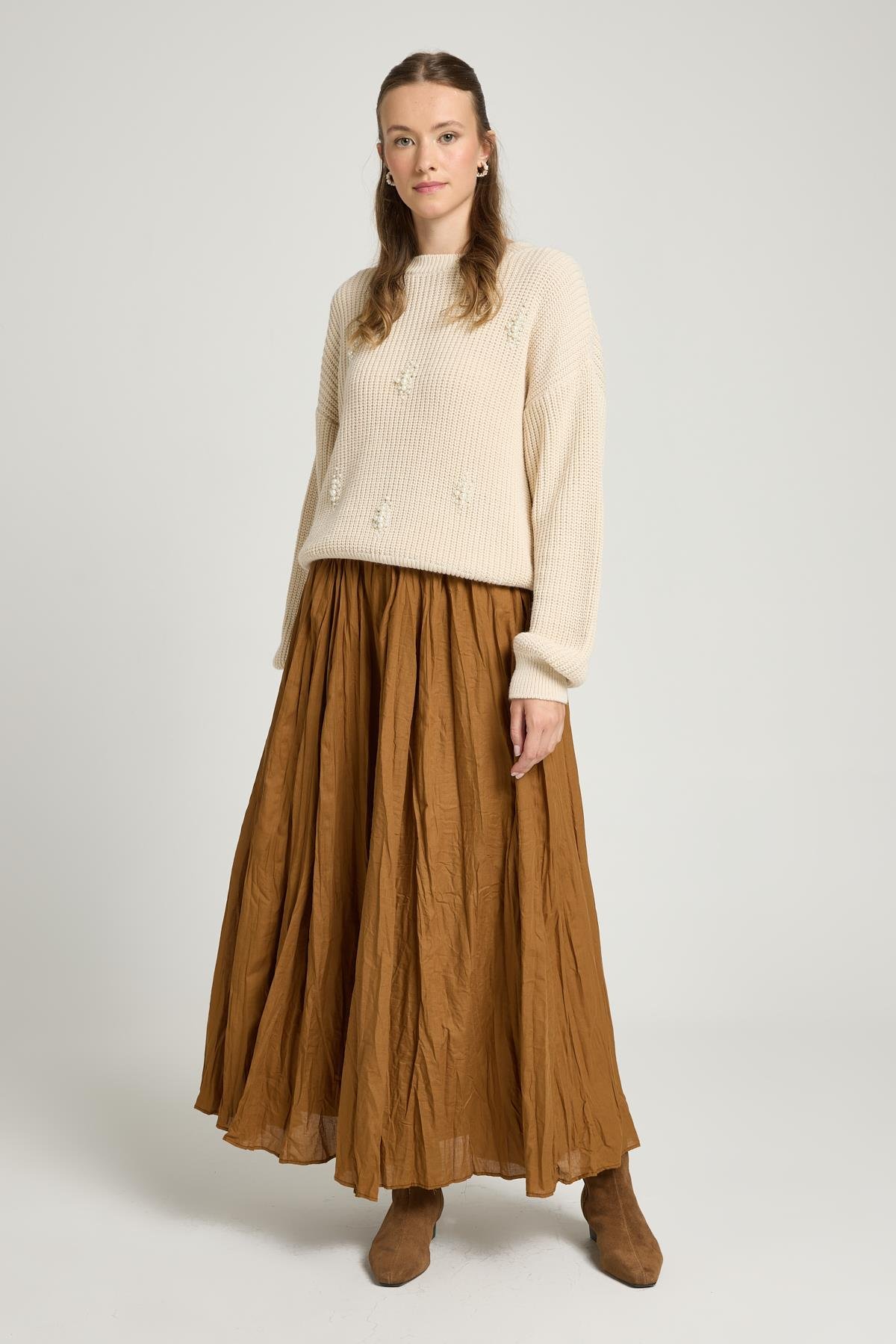 Yues Vual Kraşlı Etek Camel