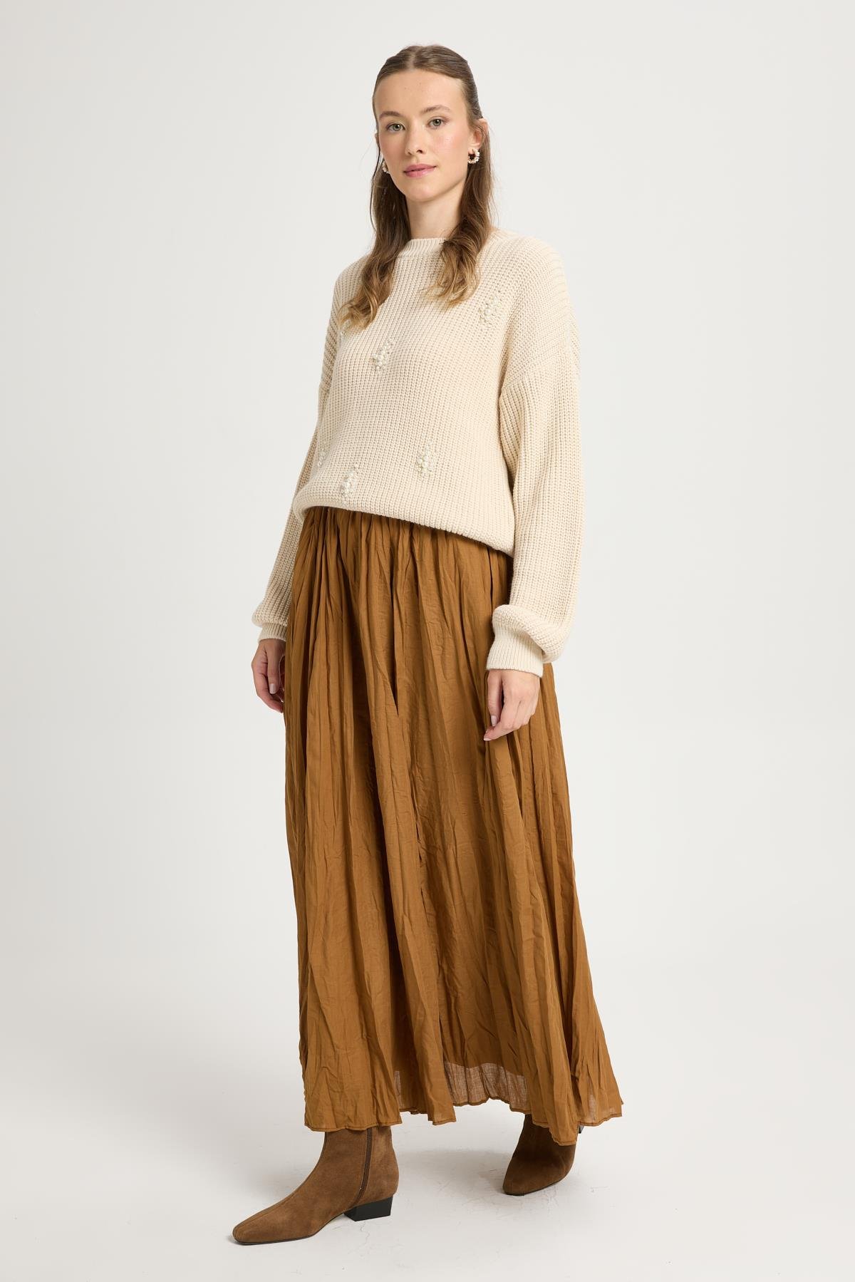 Yues Vual Kraşlı Etek Camel