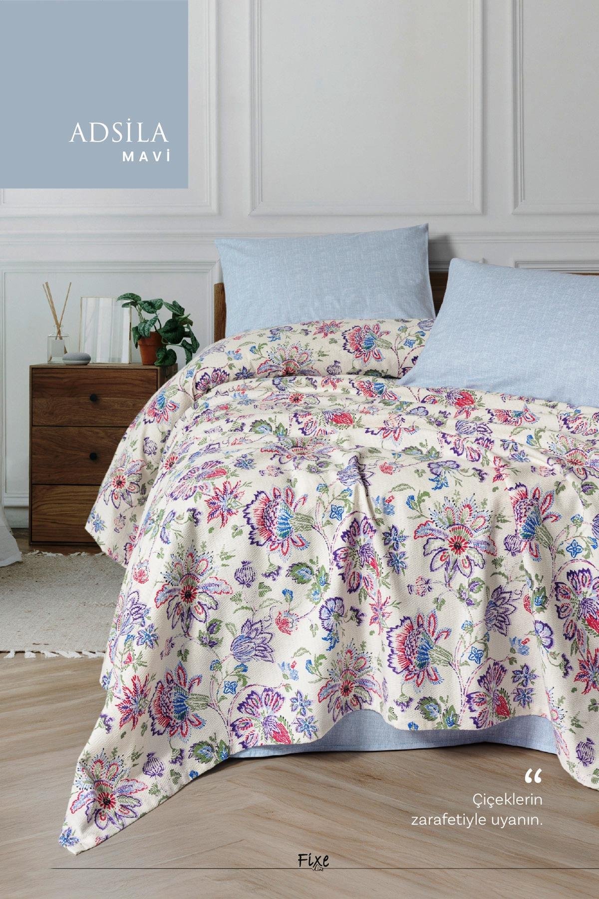 Adsila Mavi Çift Kişilik Pike Takımı – %100 Pamuk, Nefes Alan Kumaş