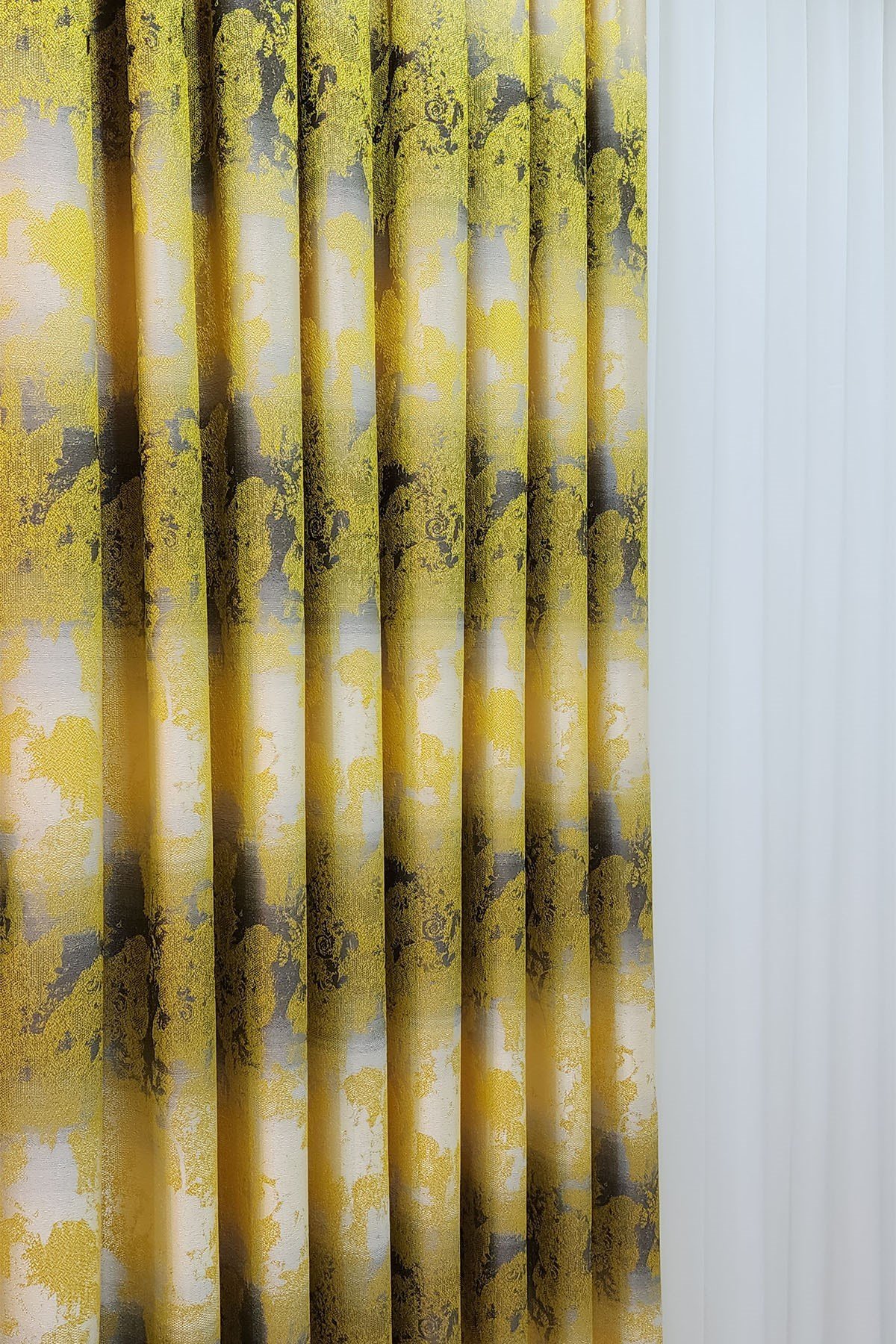 Ebruli Fon Perde Hardal Sarı Gri Renk