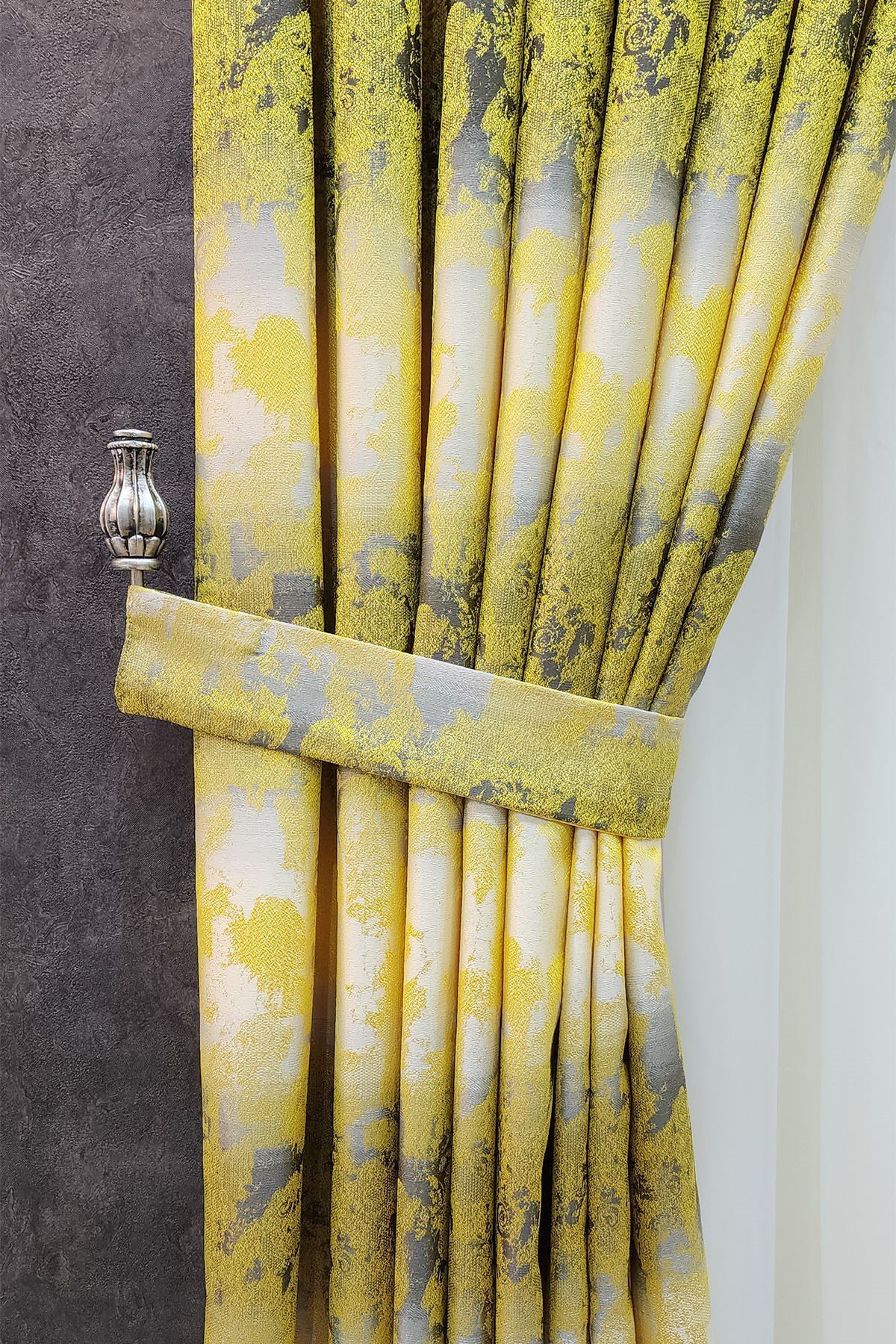 Ebruli Fon Perde Hardal Sarı Gri Renk