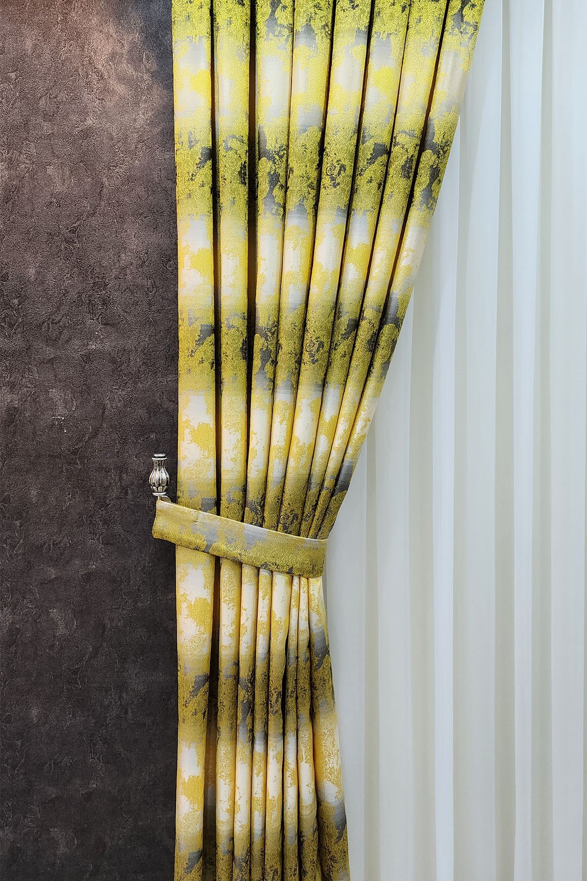 Ebruli Fon Perde Hardal Sarı Gri Renk
