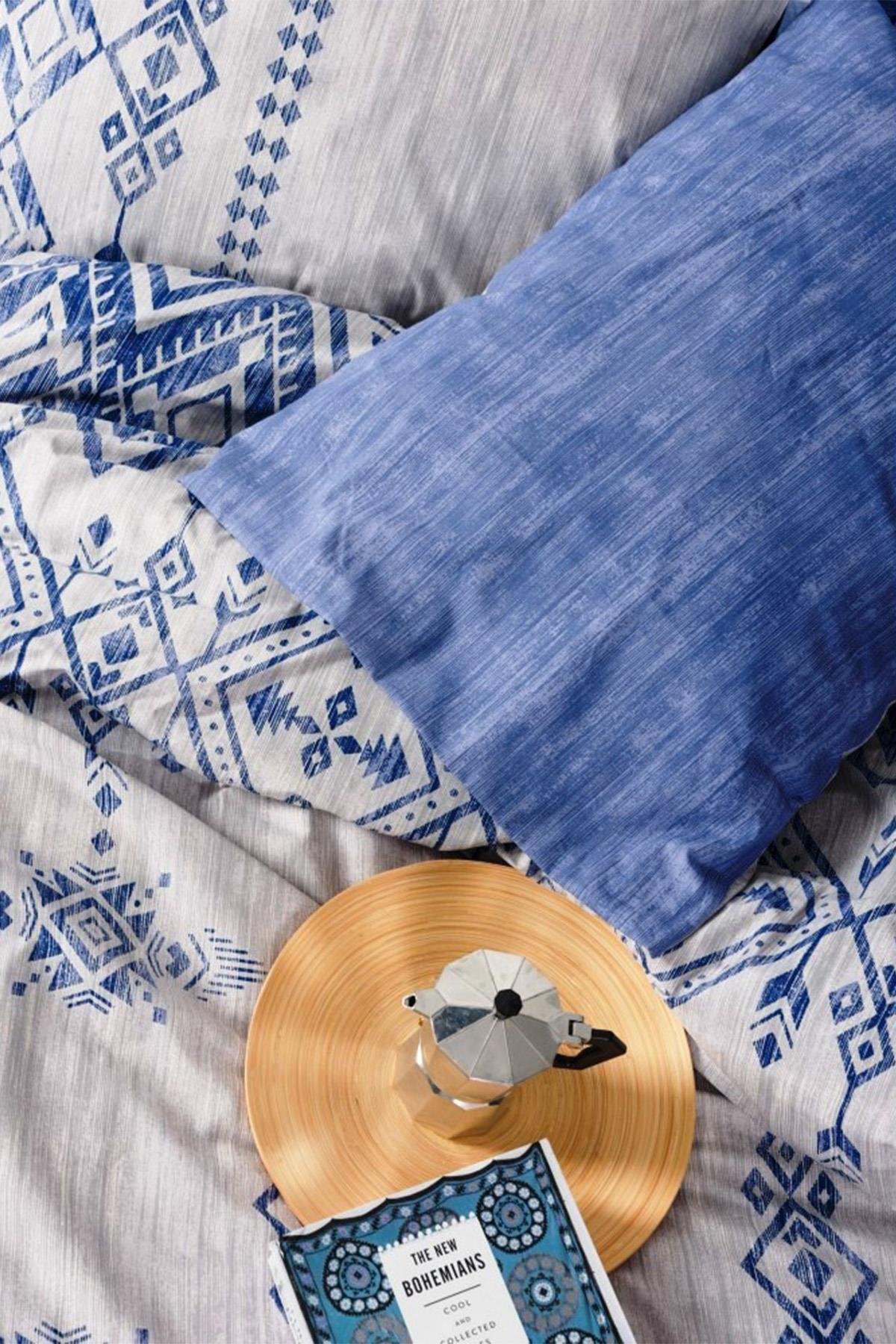 Ethnic Çift Kişilik Nevresim Takımı Cleo Mavi, %100 Pamuk Ranforce 57 Tel Kumaş.