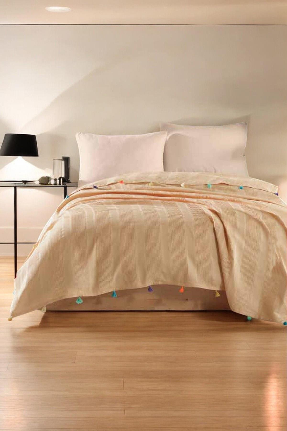 Hardal Renk Ponpon Dream Pike Çift Kişilik 200x220cm