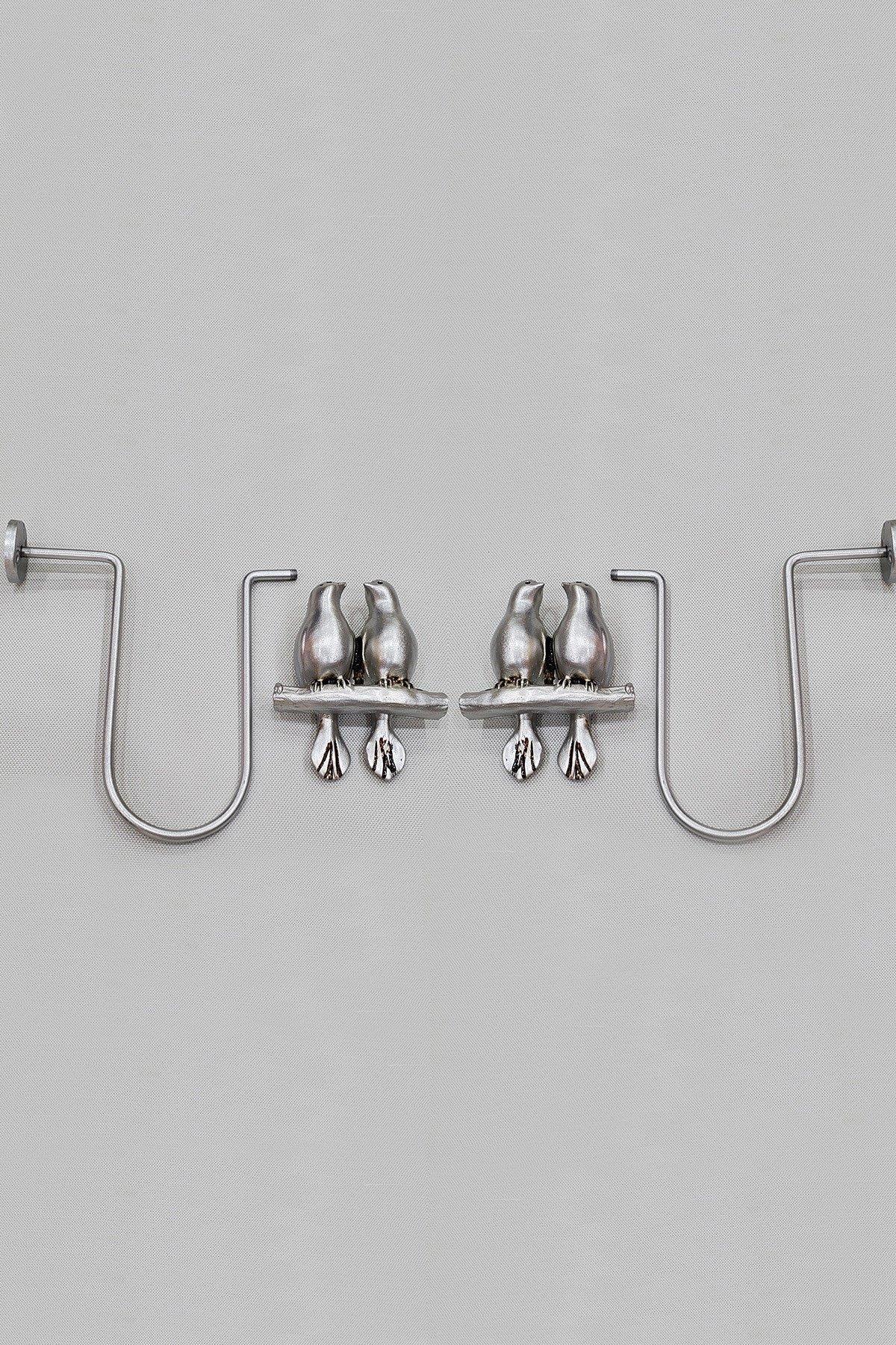 Kuş Figürlü Metal Kulp Polyester Perde Renso Takımı Gümüş Renk (2'li Sağ-Sol Set)